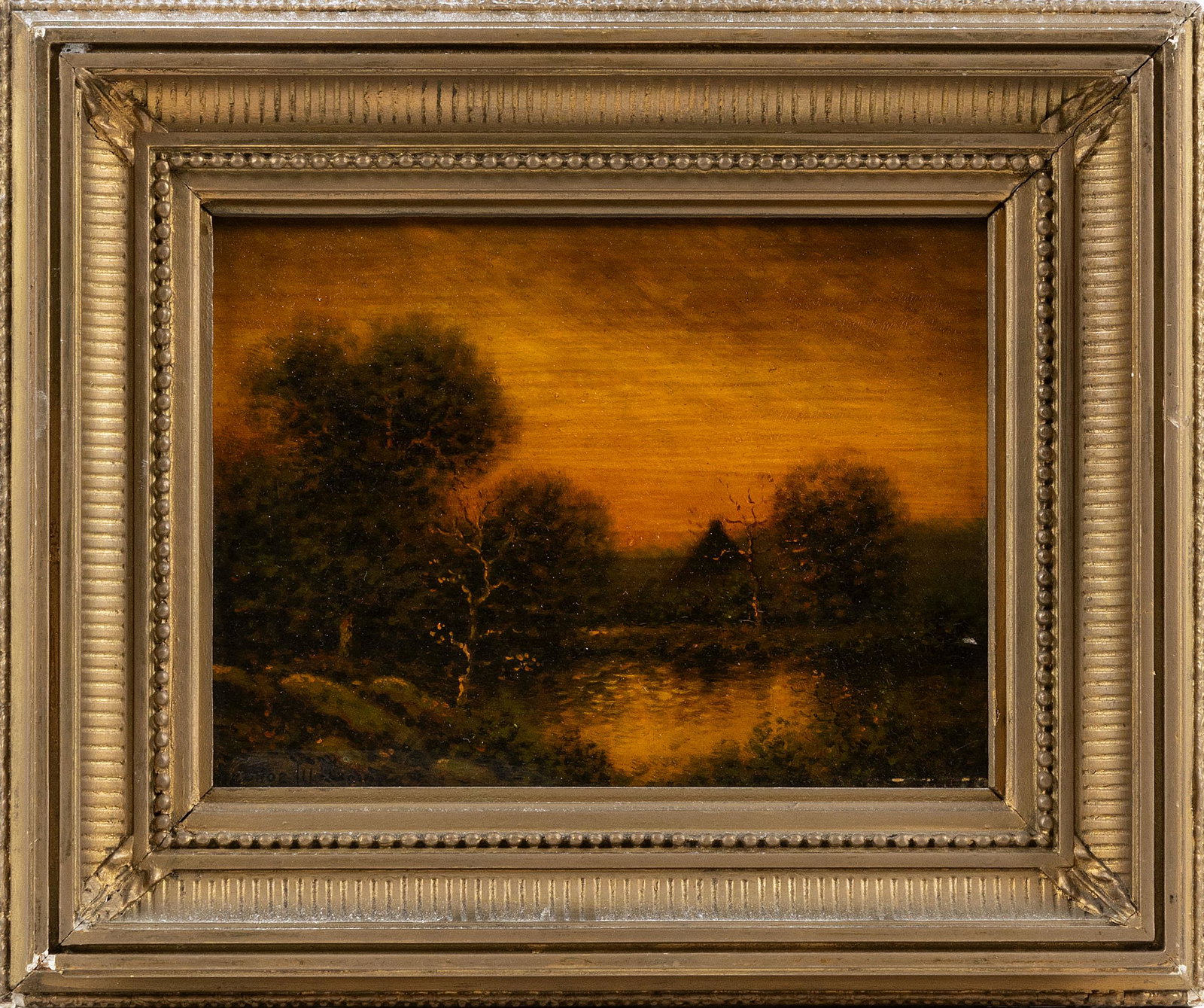 GEORGE W. DREW (New York, 1875-1968), Sunset: GEORGE W. DREW New York, 1875-1968 Sunset landscape. Signed lower left "George W. Drew". Oil on panel, 6" x 8". Framed 10" x 12". Provenance: Private Collection, Santa Fe