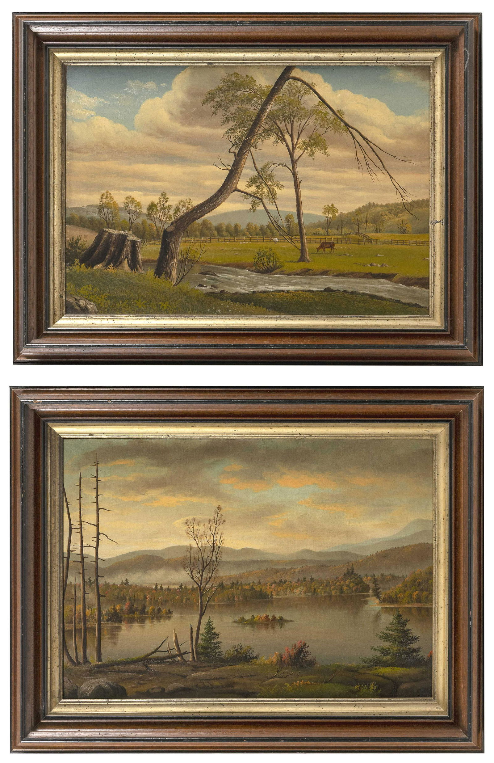 MANNER OF LEVI WELLS PRENTICE (America, Late 19th: MANNER OF LEVI WELLS PRENTICEAmerica, Late 19th CenturyPair of Adirondack landscapes. Unsigned.Oils on canvas, 14" x 20". Framed 19" x 25".