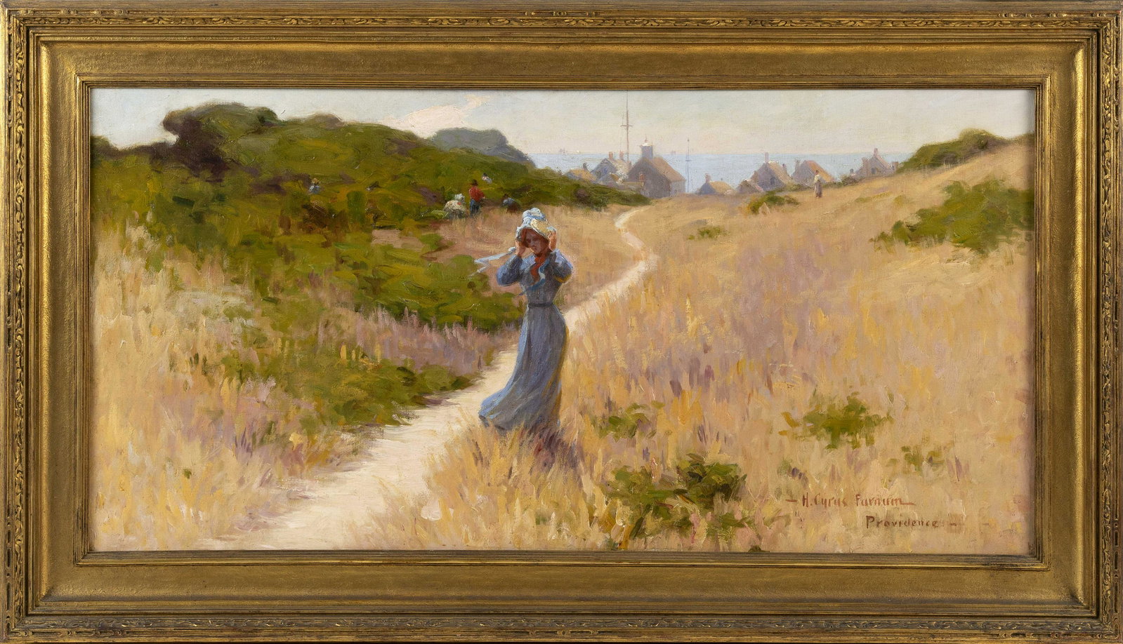 HERBERT CYRUS FARNUM (Rhode Island, 1866–1926), View of: HERBERT CYRUS FARNUM Rhode Island, 1866Â–1926 View of Cape Cod scene. Signed lower right "H. Cyrus Farnum - Providence". Tilden-Thurber frame label verso. Oil on canvas, 18" x 36". Framed 25" x 42"