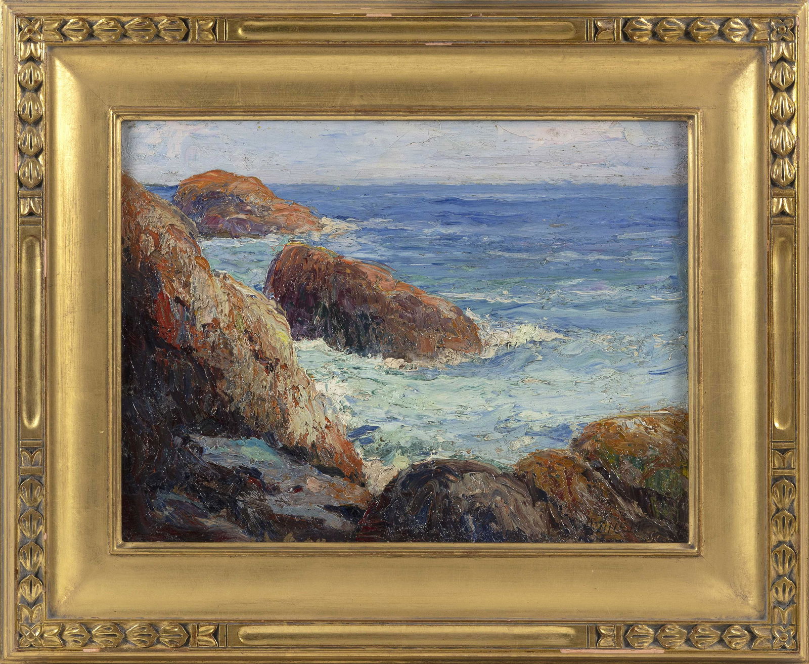 ANTHONY THIEME (Massachusetts/California, 1888-1954),: ANTHONY THIEMEMassachusetts/California, 1888-1954Crashing waves, Bass Rocks. Signed lower right "A. Thieme".Oil on board, 12" x 16". Framed 18" x 22".