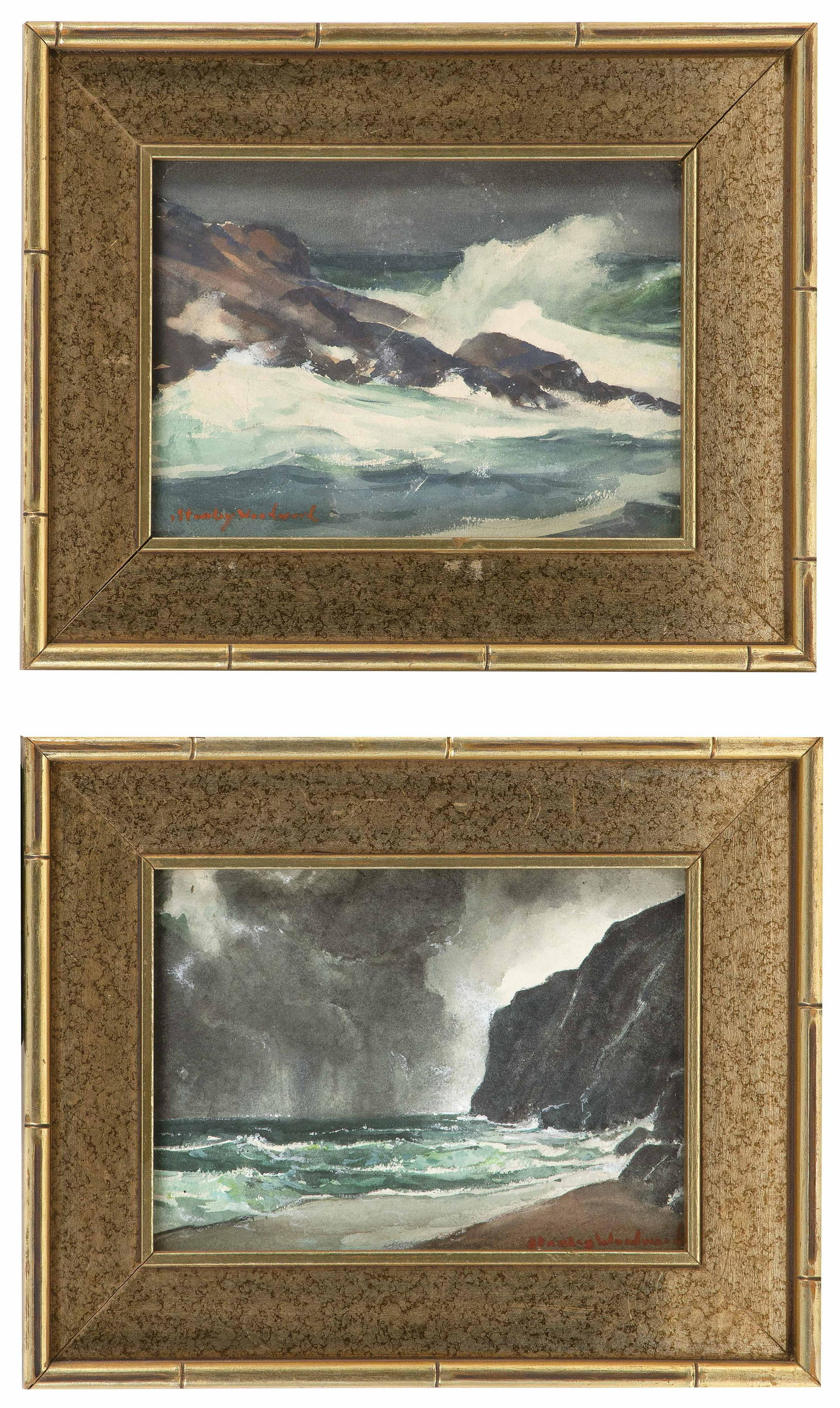 STANLEY WINGATE WOODWARD (Massachusetts, 1890-1970),: STANLEY WINGATE WOODWARD Massachusetts, 1890-1970 Pair of stormy coastal scenes: "Breakers" and "Approaching Storm". Signed in lower corners "Stanley Woodward". Titled on