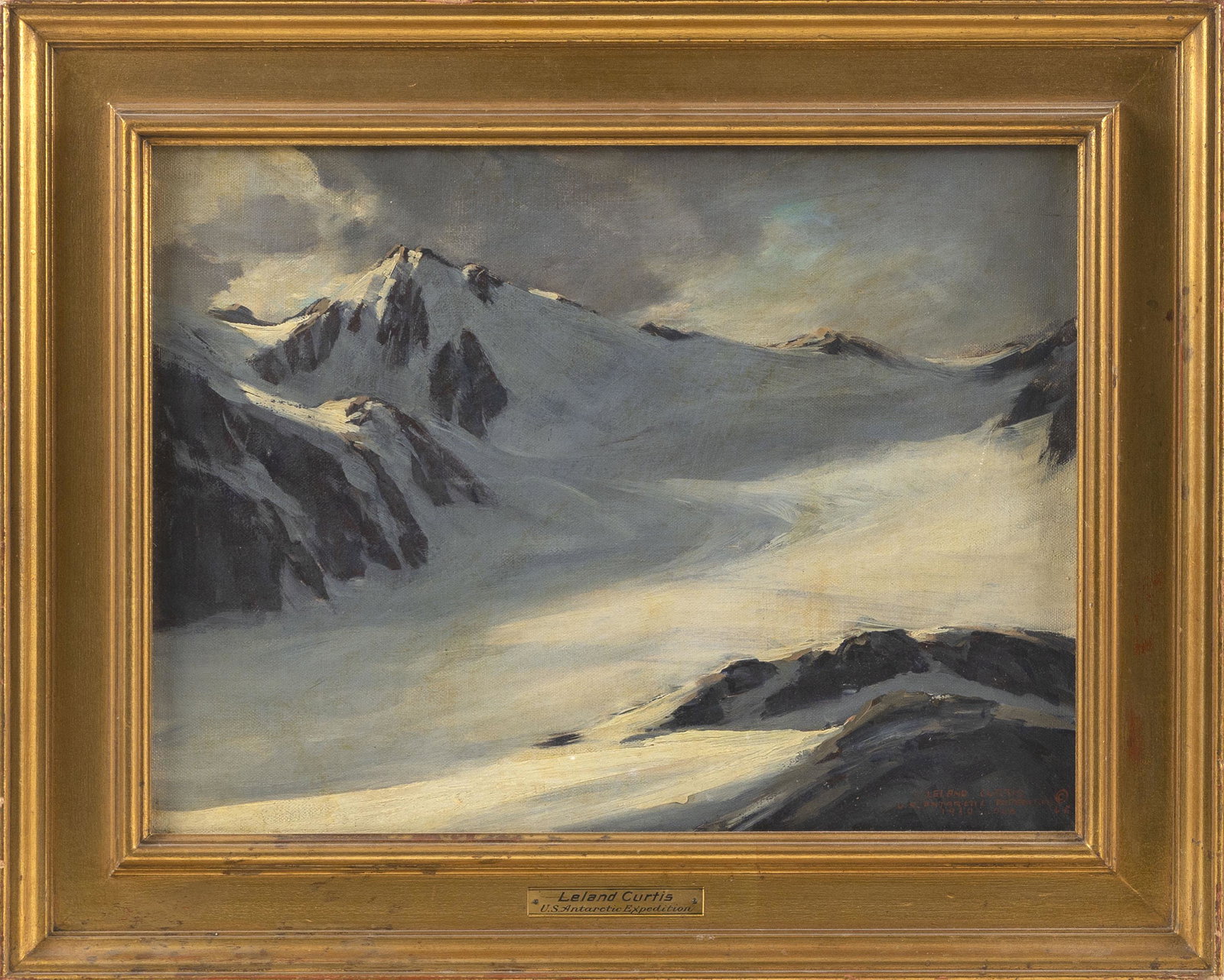 LELAND S. CURTIS (California/Colorado, 1897-1989),: LELAND S. CURTIS California/Colorado, 1897-1989 Snow-covered mountain peaks. Inscribed lower right "Leland Curtis U.S. Antarctic Exhibition 1939-1940". Inscribed verso "To Michael M. En
