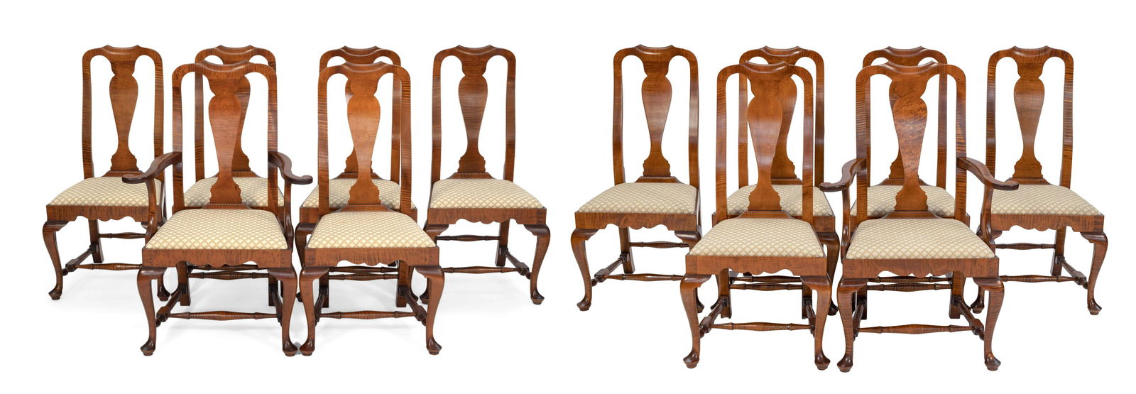 SET OF TWELVE ELDRED WHEELER QUEEN ANNE-STYLE DINING: SET OF TWELVE ELDRED WHEELER QUEEN ANNE-STYLE DINING CHAIRSMassachusetts, 20th CenturyTen side chairs and two armchairs. In figured tiger maple and bird's-eye maple. Yoke backs with vasiform splats. S