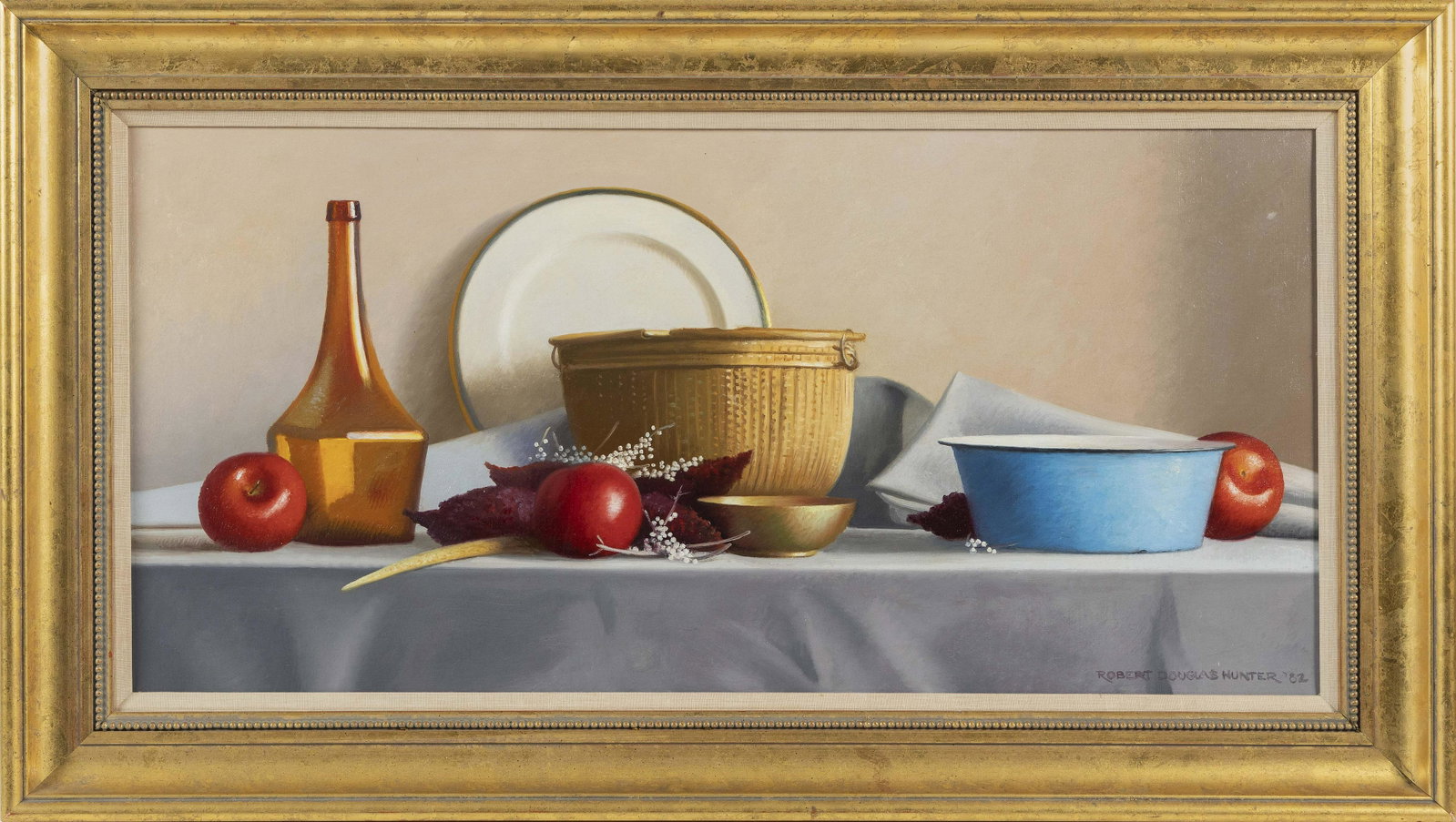 ROBERT DOUGLAS HUNTER (Massachusetts, 1928-2014), Still: ROBERT DOUGLAS HUNTER Massachusetts, 1928-2014 Still life of a basket, bottle, ceramics and fruit. Signed and dated lower right "Robert Douglas Hunter '82". Oil on canvas, 16" x 33"