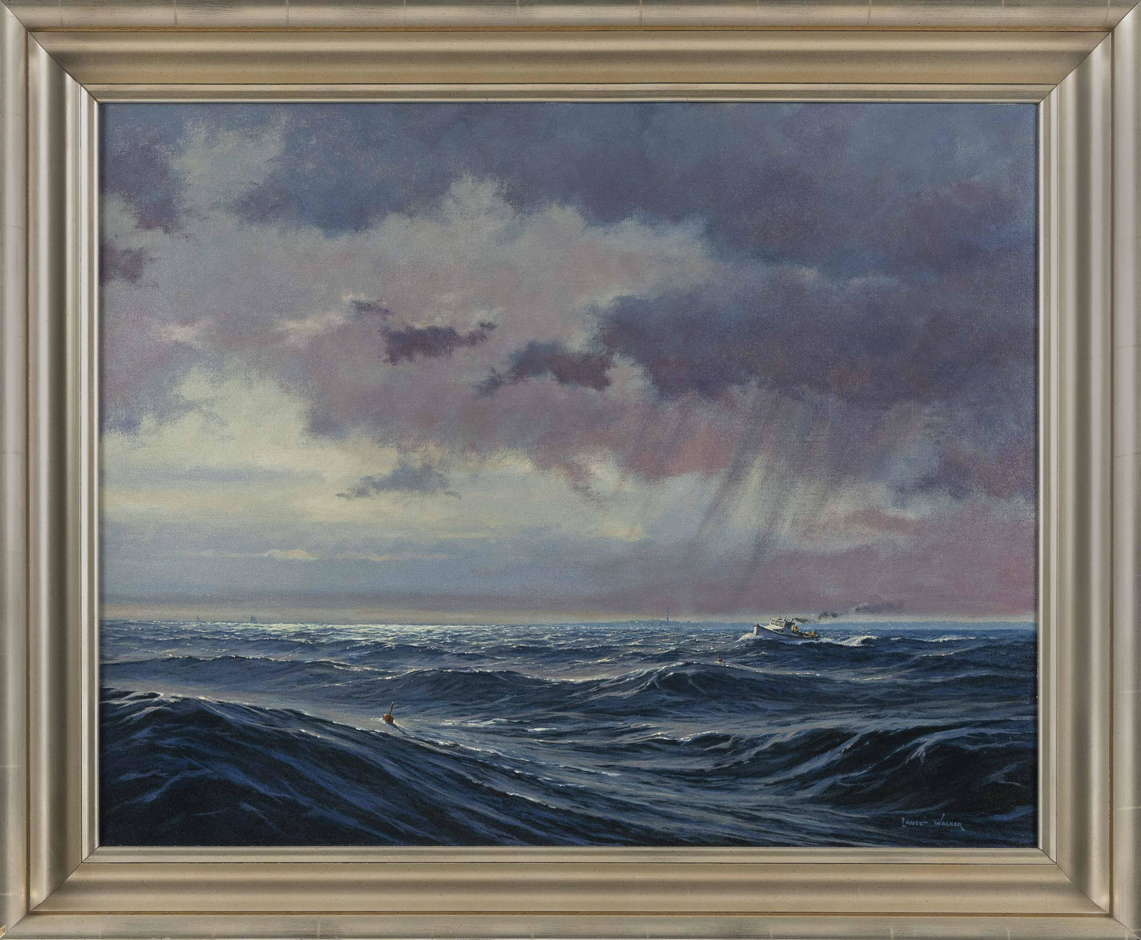 LANCE WALKER (Massachusetts, Contemporary), "Pulling: LANCE WALKER Massachusetts, Contemporary "Pulling Traps Cape Cod Bay 2011". Signed lower right "Lance Walker". Titled verso. Oil on canvas, 24" x 30". Framed.