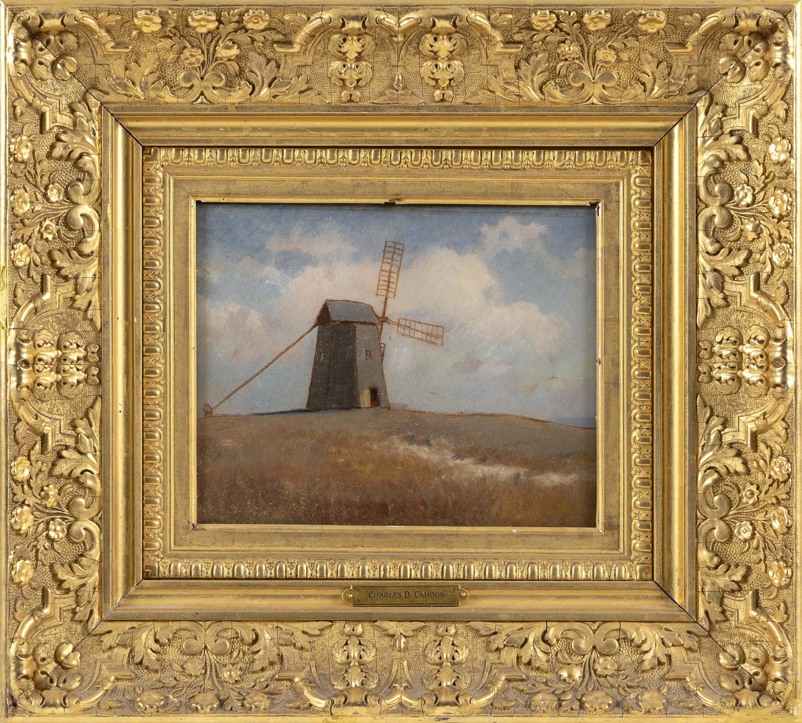 ATTRIBUTED TO CHARLES DREW CAHOON (Massachusetts,: ATTRIBUTED TO CHARLES DREW CAHOON Massachusetts, 1861-1951 Cape Cod windmill. Unsigned. Reverse painting on glass, 8" x 10". Framed 18" x 20".