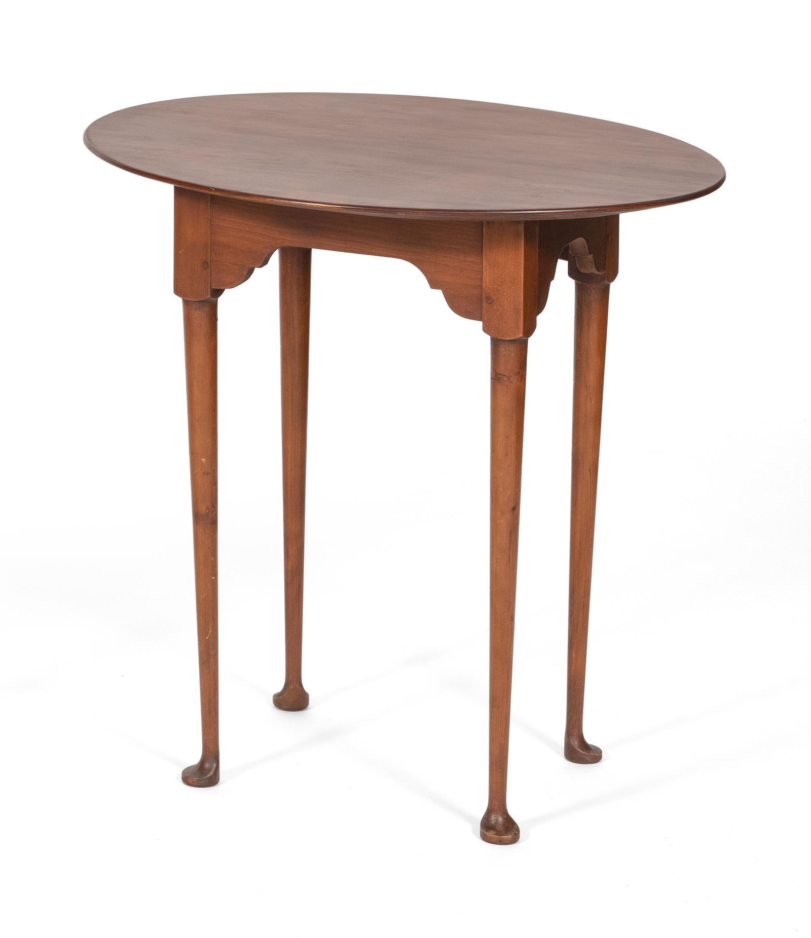 ELDRED WHEELER OVAL TEA TABLE Massachusetts, 20th: ELDRED WHEELER OVAL TEA TABLEMassachusetts, 20th CenturyIn maple. Original Eldred Wheeler paper label and brand on underside.Height 25.5". Top 26.5" x 20".