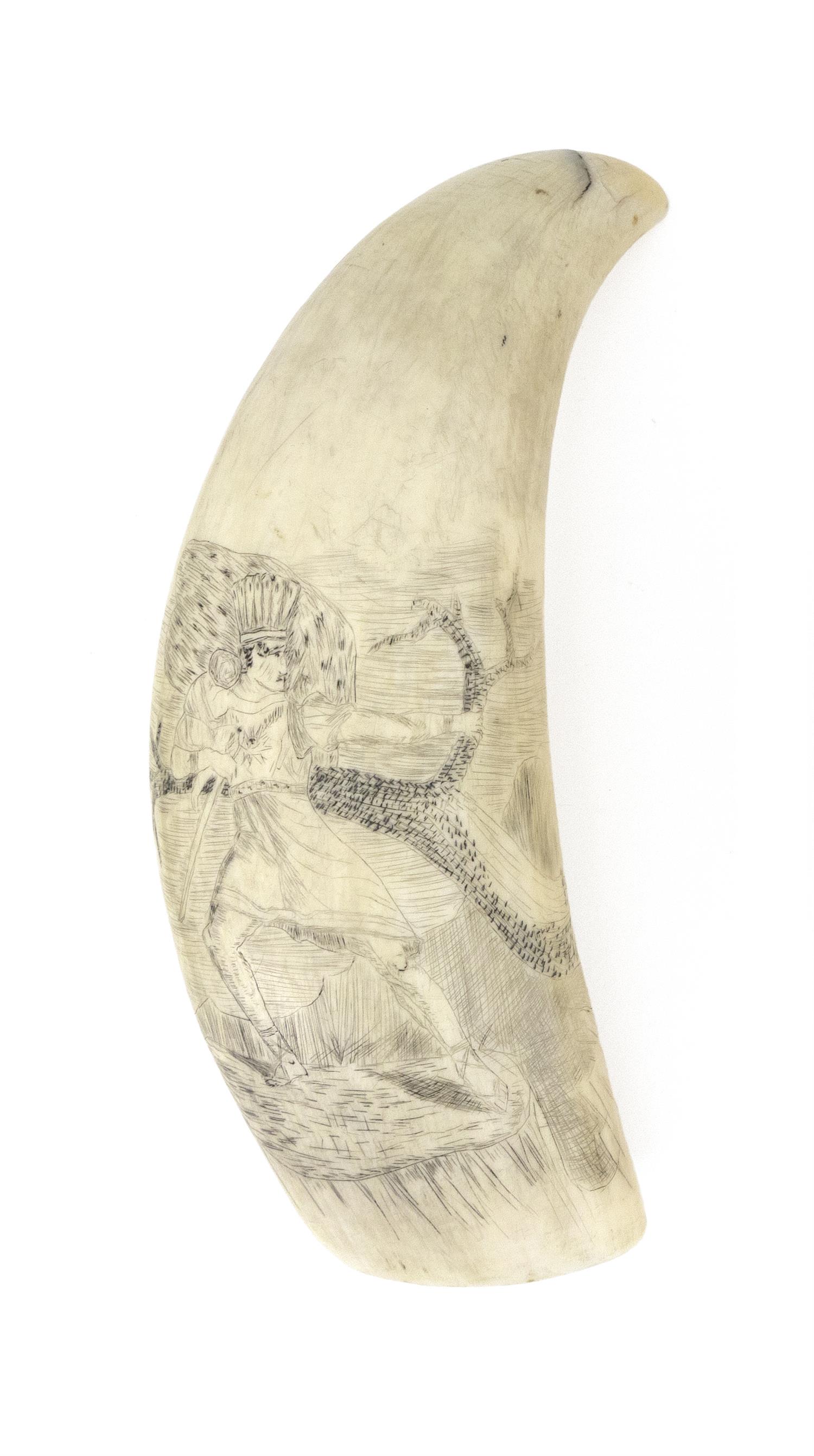 SCRIMSHAW WHALE'S TOOTH DEPICTING ST. CHRISTOPHER: SCRIMSHAW WHALE'S TOOTH DEPICTING ST. CHRISTOPHER Mid-19th Century Poised to ford a river, holding a small staff in one hand, grabbing at a branch with the other, and carrying baby Jesus at his should