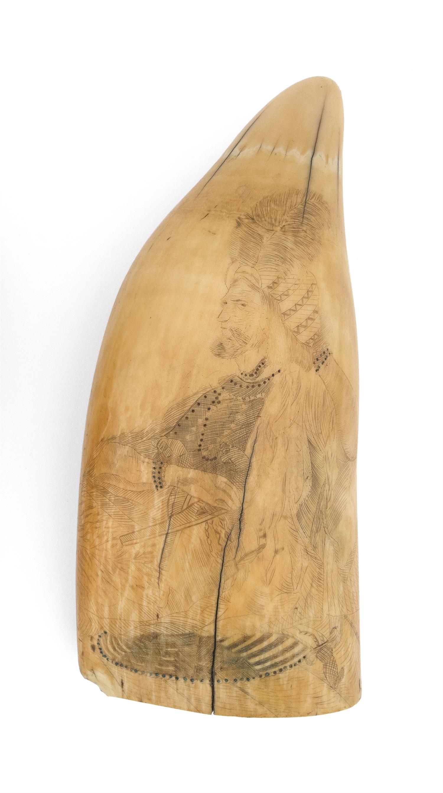 SCRIMSHAW WHALE'S TOOTH DEPICTING A NOBLEMAN Mid-19th: SCRIMSHAW WHALE'S TOOTH DEPICTING A NOBLEMANMid-19th CenturyPossibly Turkish or Middle Eastern. Finely detailed portrait of a bearded man wearing a feathered turban, flowing robes and beaded necklaces
