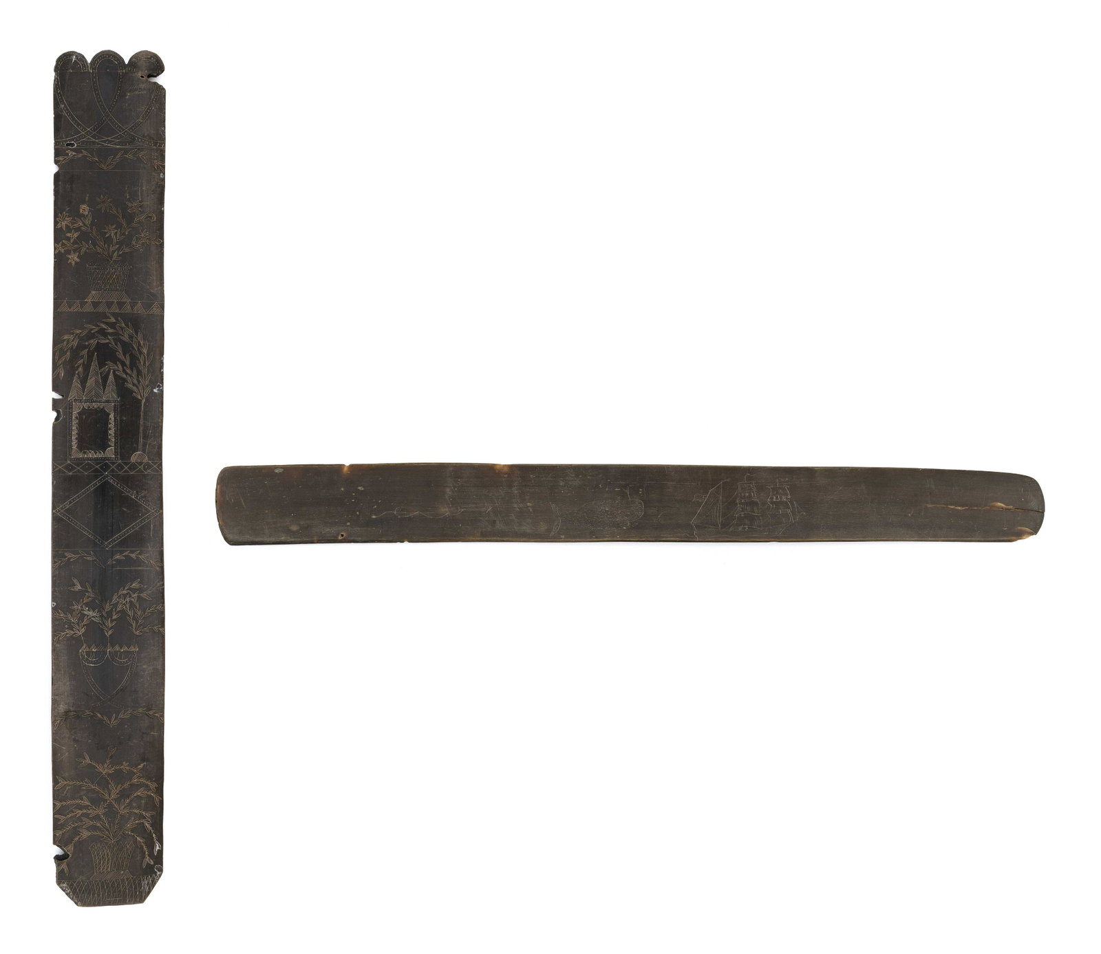 TWO SCRIMSHAW BALEEN BUSKS Mid-19th Century Lengths: TWO SCRIMSHAW BALEEN BUSKS Mid-19th Century One with lobed top and canted bottom depicts six vignettes, including intersecting hearts, three potted plants, a monument and weeping willow, and an empty 