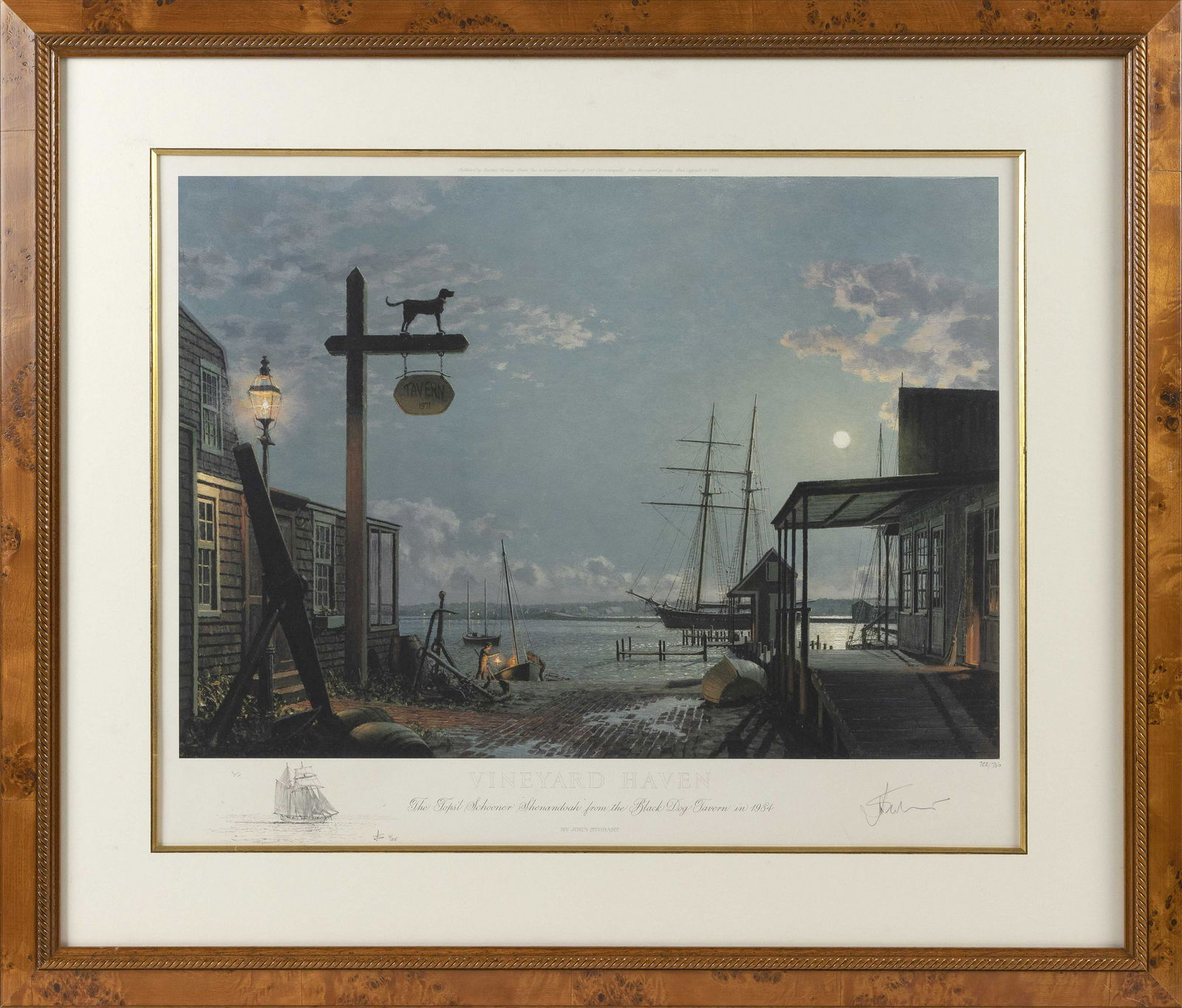 JOHN STOBART (America/England, b. 1929), "Vineyard: JOHN STOBARTAmerica/England, b. 1929"Vineyard Haven The Tops’l Schooner 'Shenandoah' from the Black Dog Tavern in 1984". Signed in pencil lower right "Stobart". Remarqued lower l