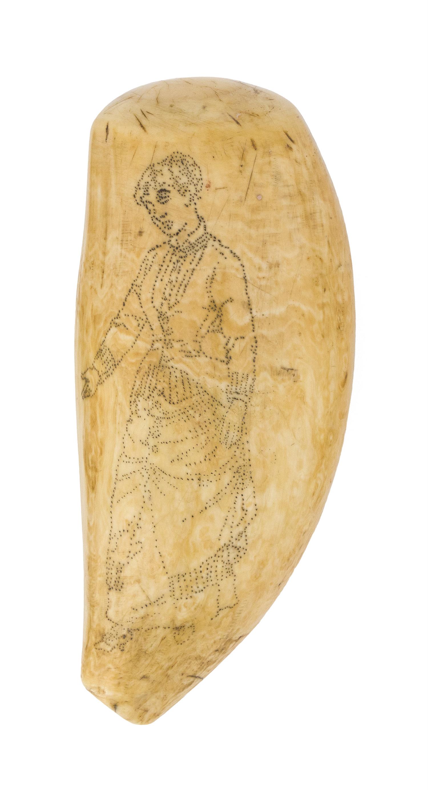 SCRIMSHAW WHALE: SCRIMSHAW WHALE'S TOOTH WITH PINPOINT PORTRAIT OF A WOMAN Mid-19th Century Wearing a buttoned jacket and heeled shoes, and with her right arm outstretched. Base of tooth closed up to solid, supposedly