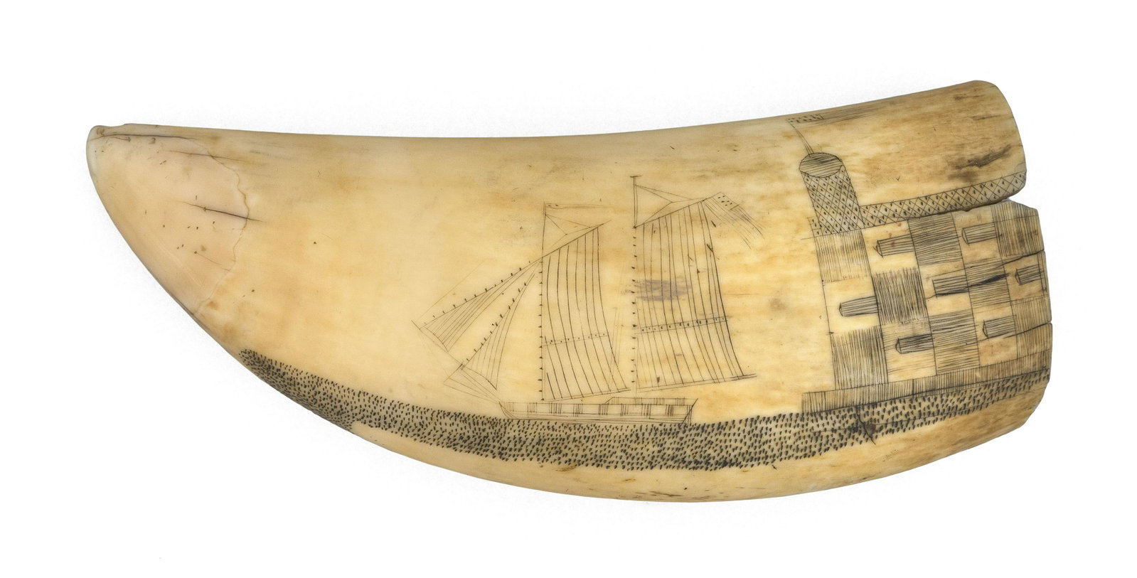 SCRIMSHAW WHALE'S TOOTH DEPICTING SHIPS OFF FORTS 19th: SCRIMSHAW WHALE'S TOOTH DEPICTING SHIPS OFF FORTS 19th Century Both sides with similar scene of a two-masted vessel flying an American flag and a pennant from the masts off a fort that is also flying 