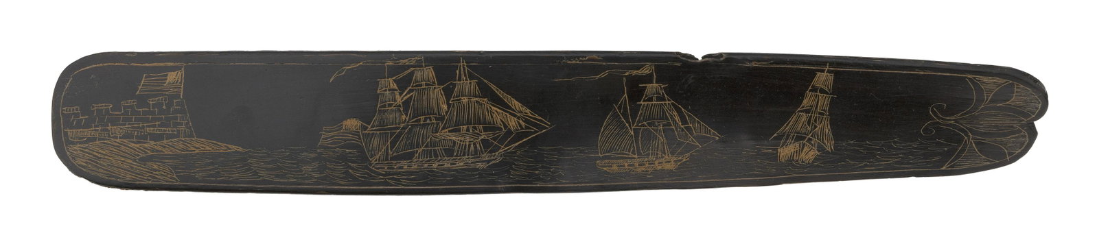 SCRIMSHAW BALEEN BUSK DATED 1860 Length 12.75".: SCRIMSHAW BALEEN BUSK DATED 1860 Depicts three ships off a coastal fort. Large American flag flying from the fort and off the stern of one of the ships. Stylized foliate design at lobed end. Thin line