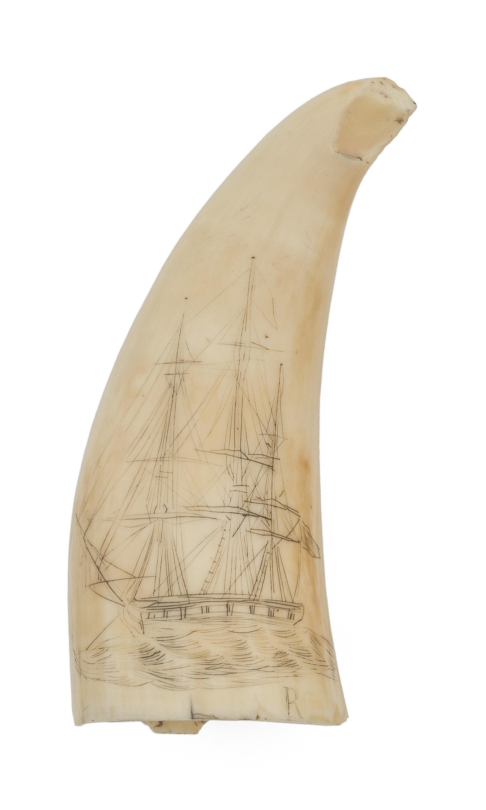 SCRIMSHAW WHALE’S TOOTH DEPICTING A SHIP Mid-19th: SCRIMSHAW WHALE’S TOOTH DEPICTING A SHIP Mid-19th Century A three-masted vessel flying a stylized American flag off the stern. Initialed "L" and "R" at base. Length 4.25".
