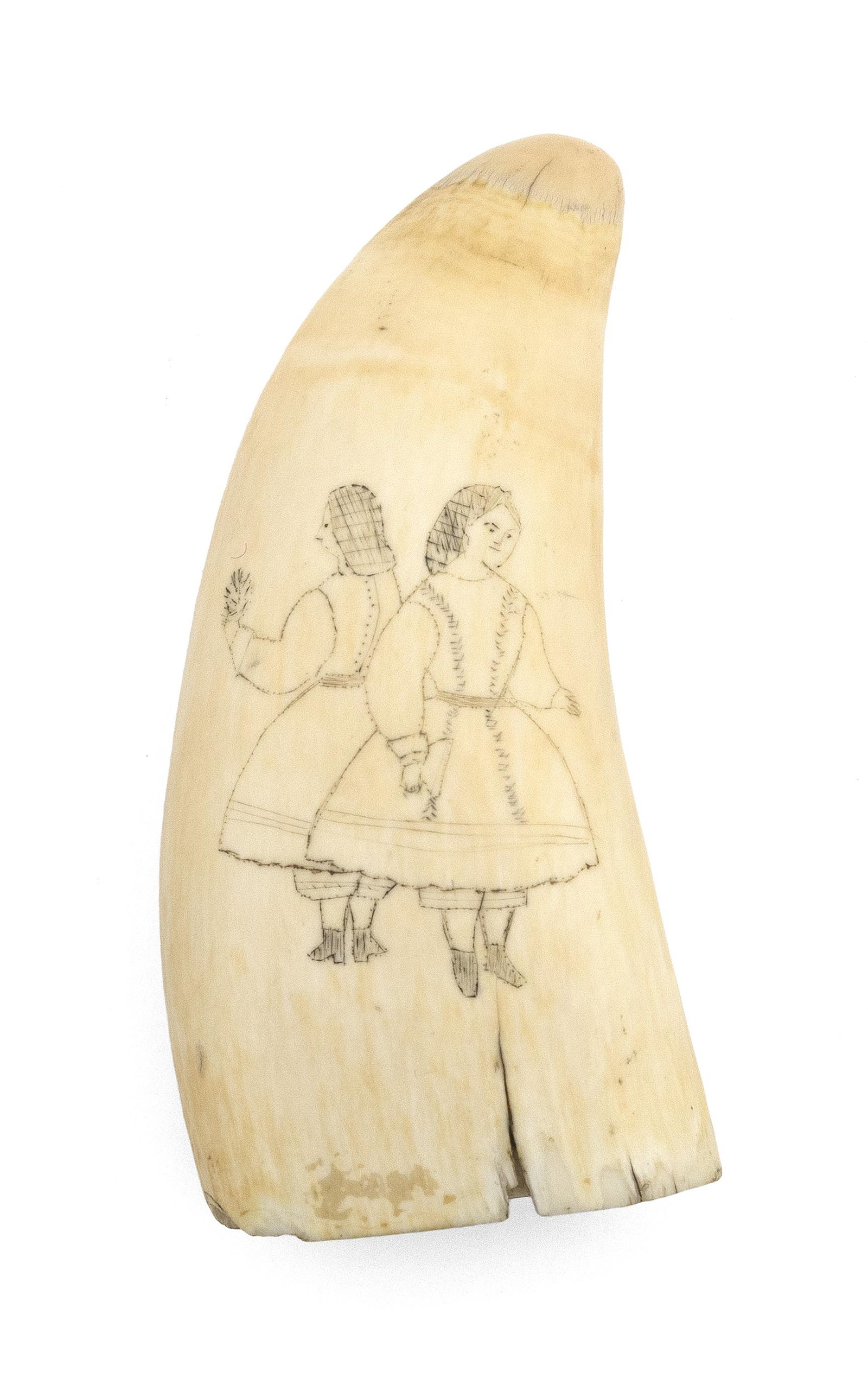 SCRIMSHAW WHALE’S TOOTH DEPICTING TWO GIRLS Mid-19th: SCRIMSHAW WHALE’S TOOTH DEPICTING TWO GIRLS Mid-19th Century Appear to be twin girls in matching outfits, posed back-to-back, one holding a bouquet in her left hand and the other a fan in her right.