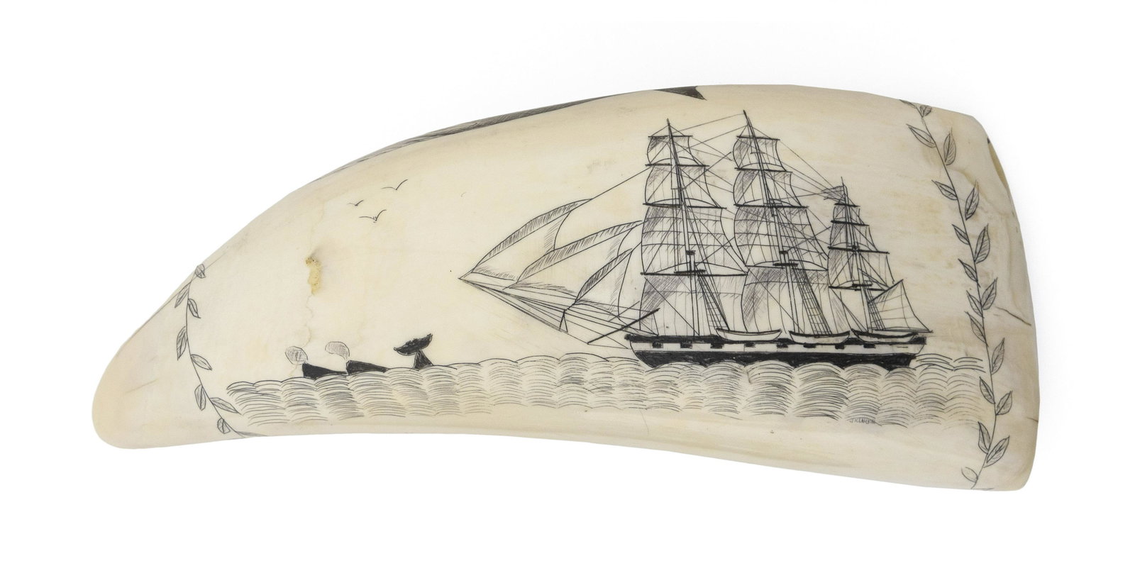* CONTEMPORARY POLYCHROME ENGRAVED WHALE'S TOOTH IN THE: * CONTEMPORARY POLYCHROME ENGRAVED WHALE'S TOOTH IN THE MANNER OF EDWARD BURDETT 20th Century By J.R. Laubin. Obverse depicts a whaling scene with three whaleships, a whaleboat poised to harpoon a sur
