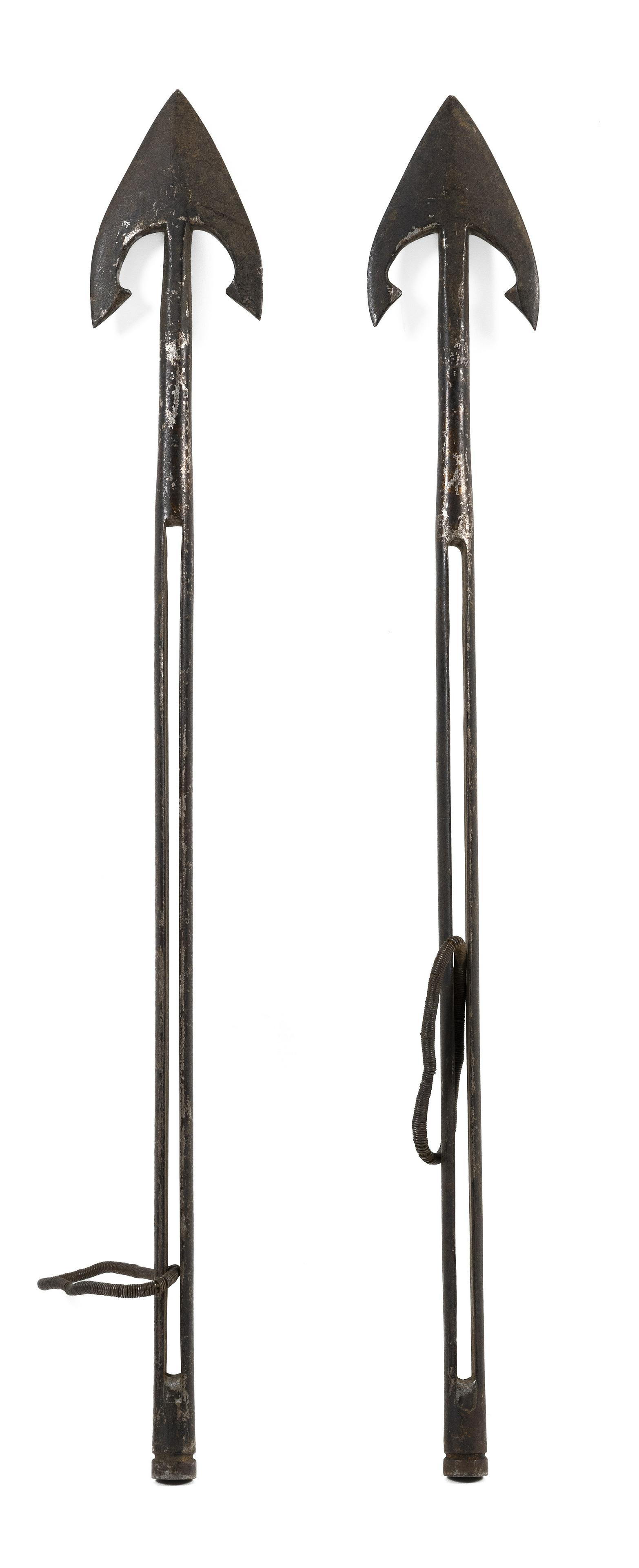 TWO CAST IRON DOUBLE-FLUE BARBED HARPOONS MADE FOR A: TWO CAST IRON DOUBLE-FLUE BARBED HARPOONS MADE FOR A HARPOON GUN 19th Century Lengths 28.75".