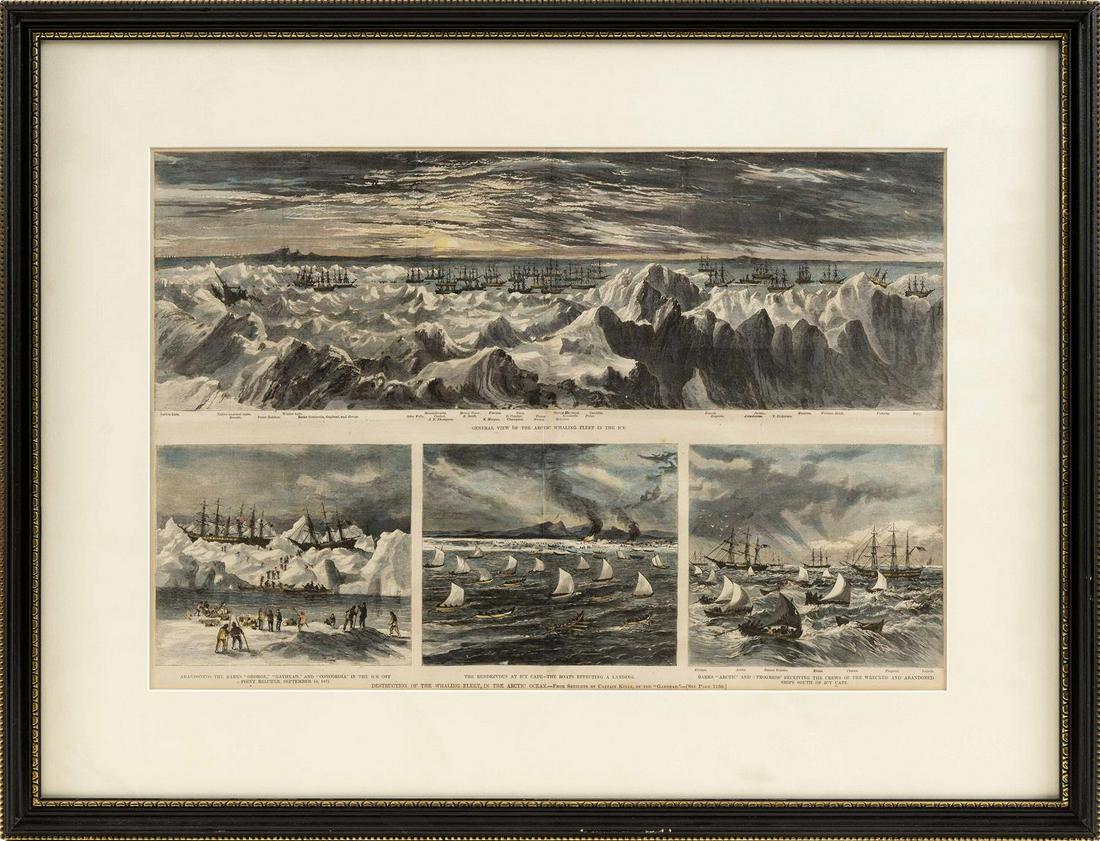 HAND-COLORED LITHOGRAPH "DESTRUCTION OF THE WHALING: HAND-COLORED LITHOGRAPH "DESTRUCTION OF THE WHALING FLEET IN THE ARCTIC OCEAN." Designed and drawn on stone by Captain Kelly of the ship Gayhead, circa 1872. Edwin Dews, publisher. 14" 