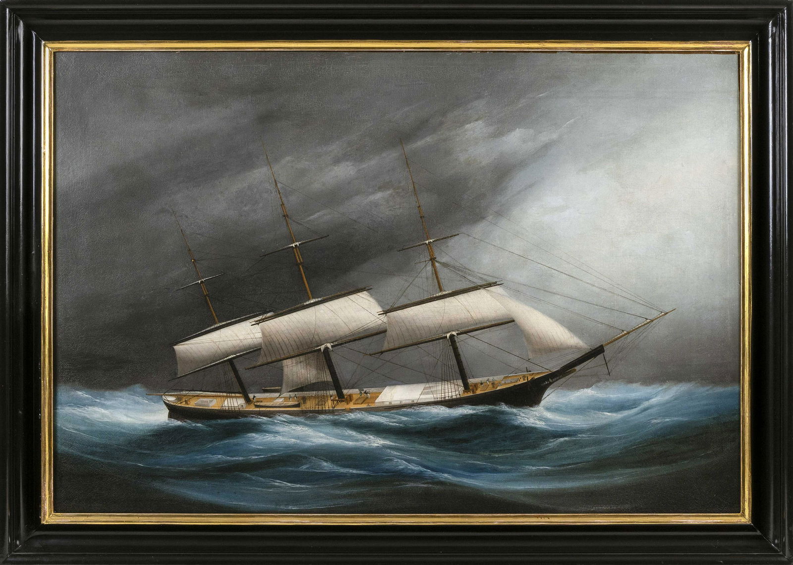 ATTRIBUTED TO CLEMENT DREW (Massachusetts, 1806-1889),: ATTRIBUTED TO CLEMENT DREWMassachusetts, 1806-1889A ship in a storm. Unsigned.Oil on canvas, 30.5" x 45". Framed 36" x 50.25".