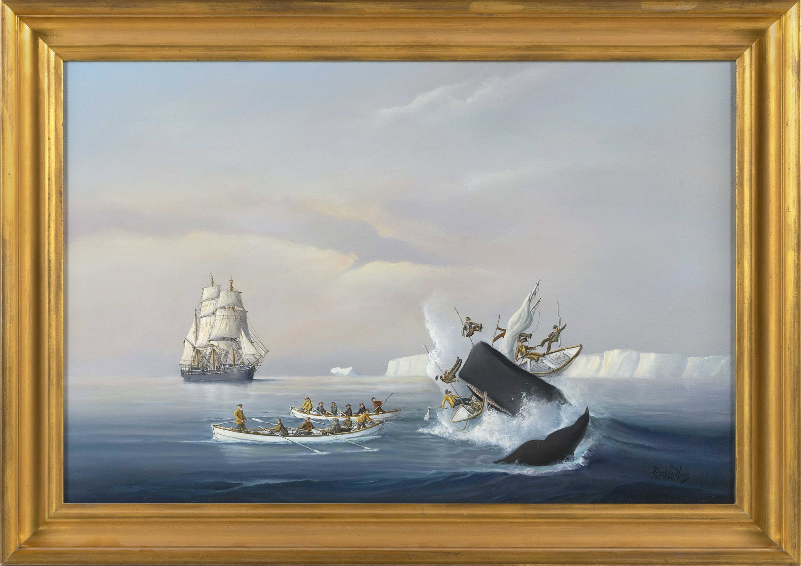 EARL COLLINS (Connecticut/New York, 1925-1992), The: EARL COLLINS Connecticut/New York, 1925-1992 The whaler Wanderer stands by as a whaleboat is stoved by a whale in calm seas in the Arctic. Signed lower right “Earl Collins”. Oil on canvas, 20” x