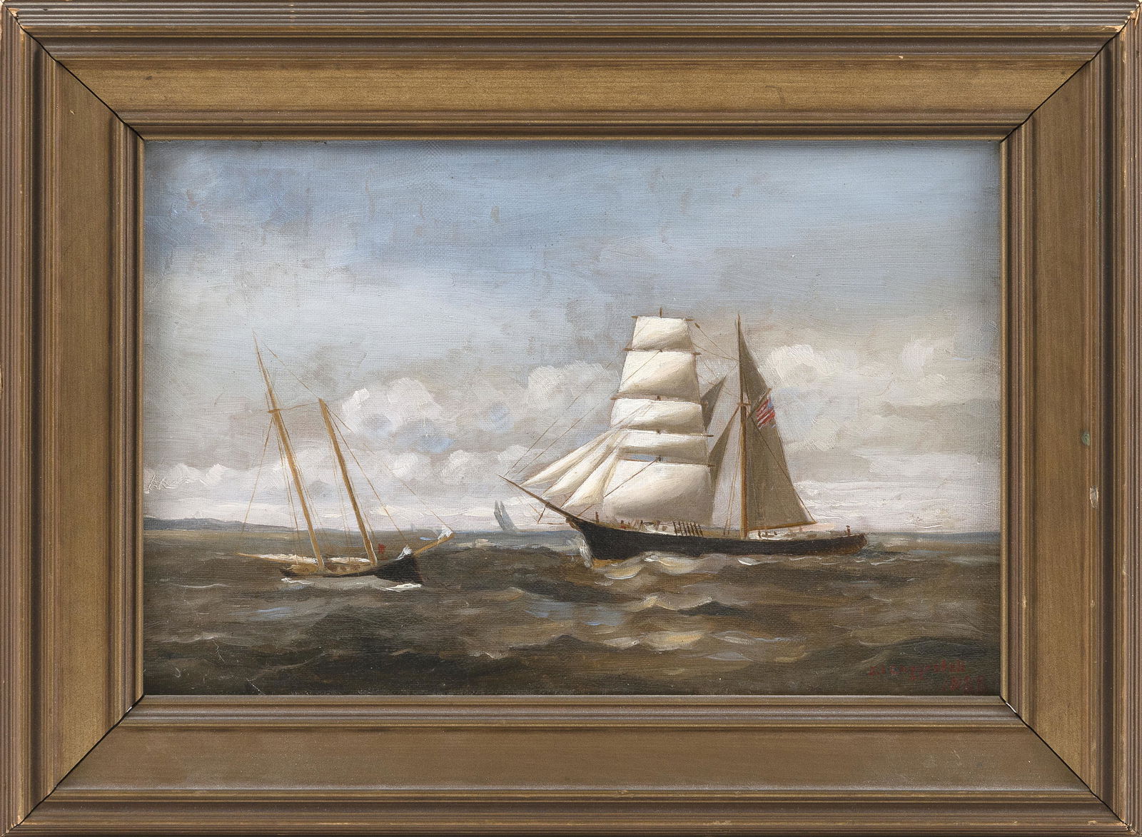JOHN INGERSOLL COGGESHAL (Massachusetts, 1856-1927),: JOHN INGERSOLL COGGESHALMassachusetts, 1856-1927Ships off the coast. Signed and dated lower right "J.I. Coggeshal 1888".Oil on canvas, 8" x 12". Framed 11.25" x 15.75".