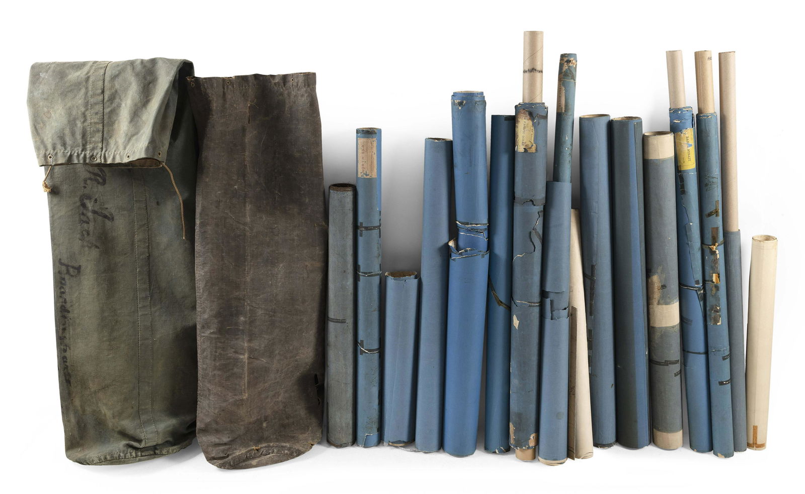 APPROX. THIRTEEN CHARTS AND TWO GREEN CANVAS SAIL BAGS (1 of 1)