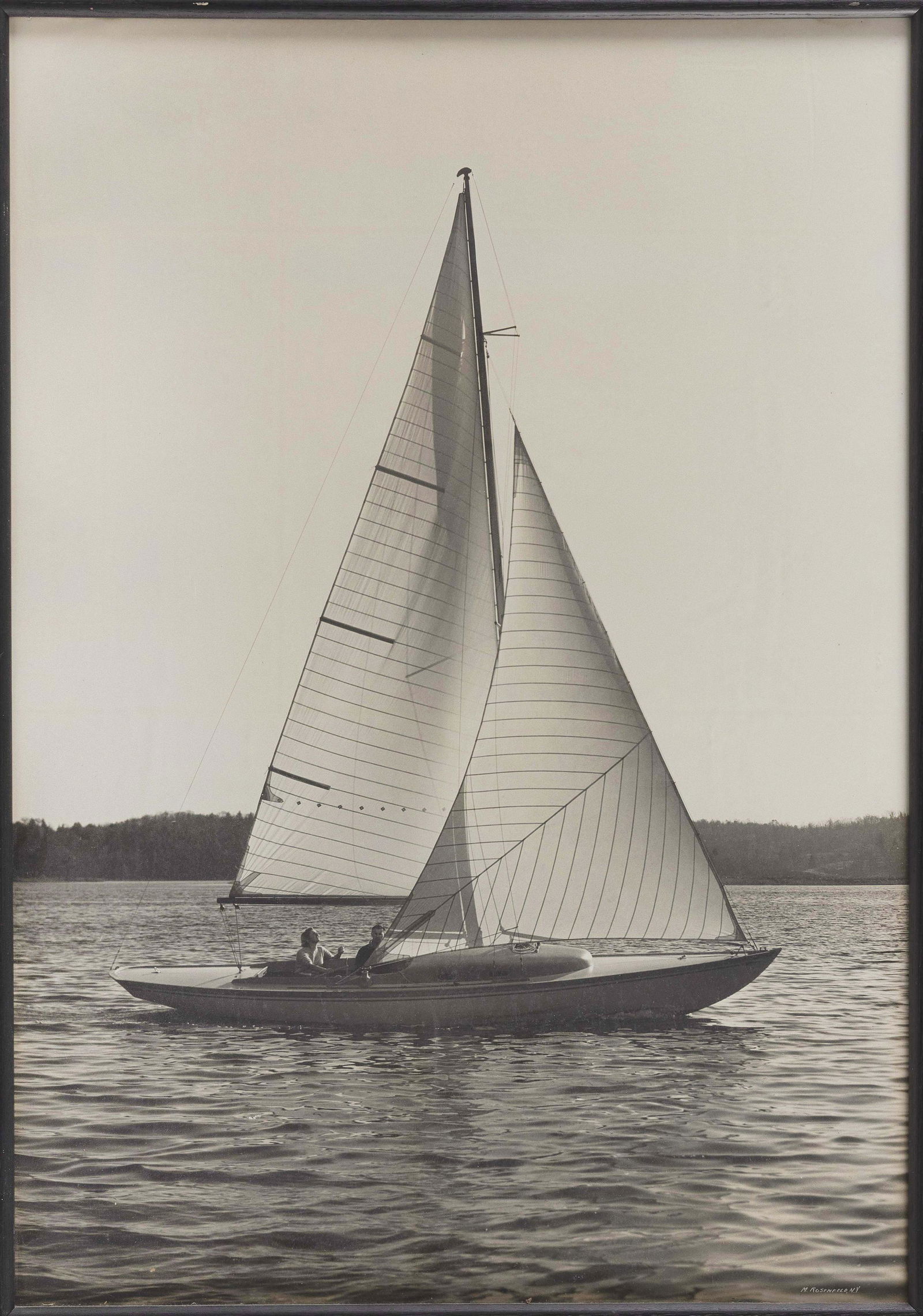 MORRIS ROSENFELD BLACK AND WHITE PHOTOGRAPH OF A: MORRIS ROSENFELD BLACK AND WHITE PHOTOGRAPH OF A MARCONI-RIGGED SLOOPSigned lower right "M. Rosenfeld, N.Y.".Framed 30.75" x 20.75".
