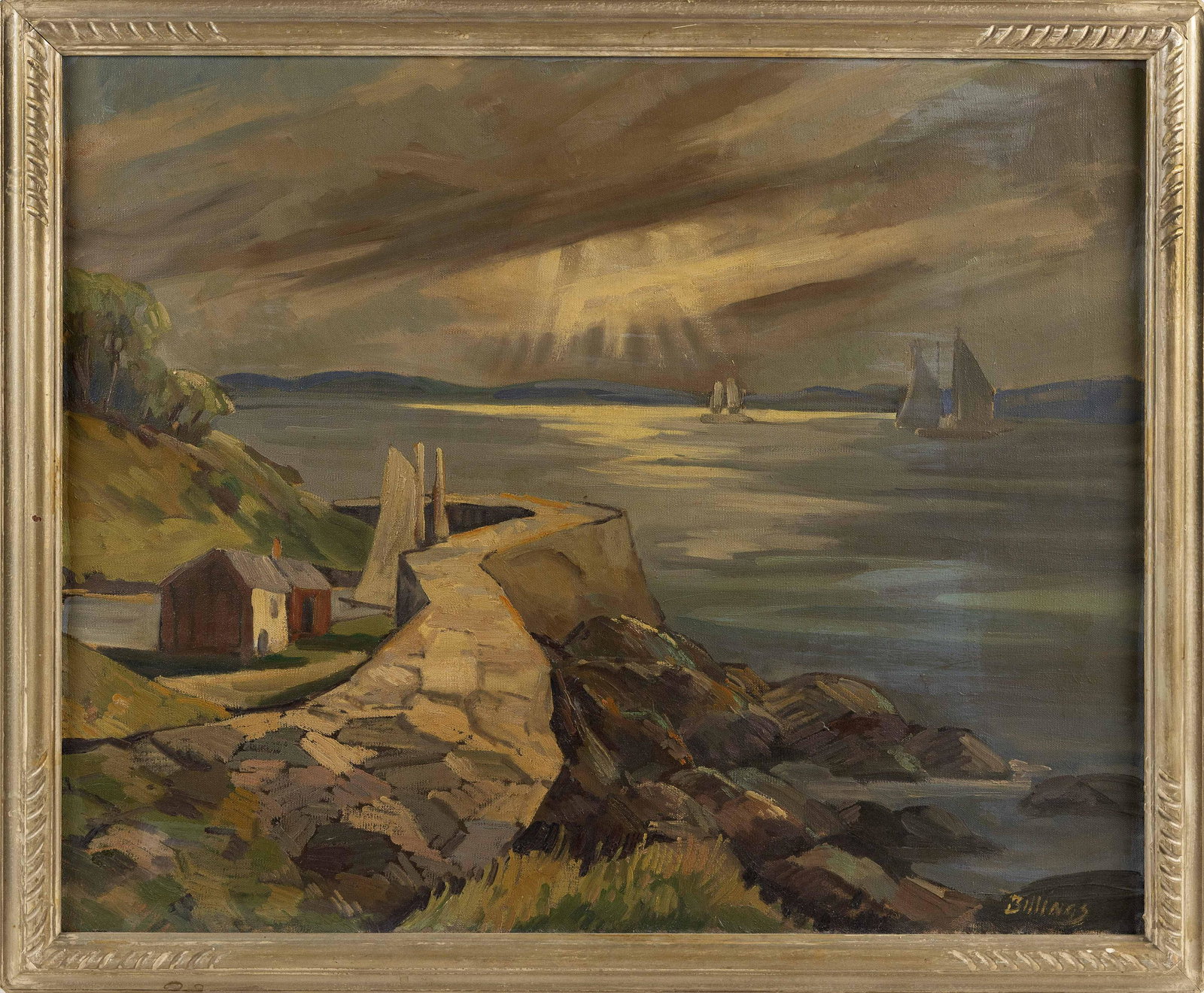 HENRY J. BILLINGS (Massachusetts/Georgia/Maine, 1894-),: HENRY J. BILLINGS Massachusetts/Georgia/Maine, 1894- New England jetty. Signed lower right. Oil on canvas, 24" x 29". Framed 27" x 32".