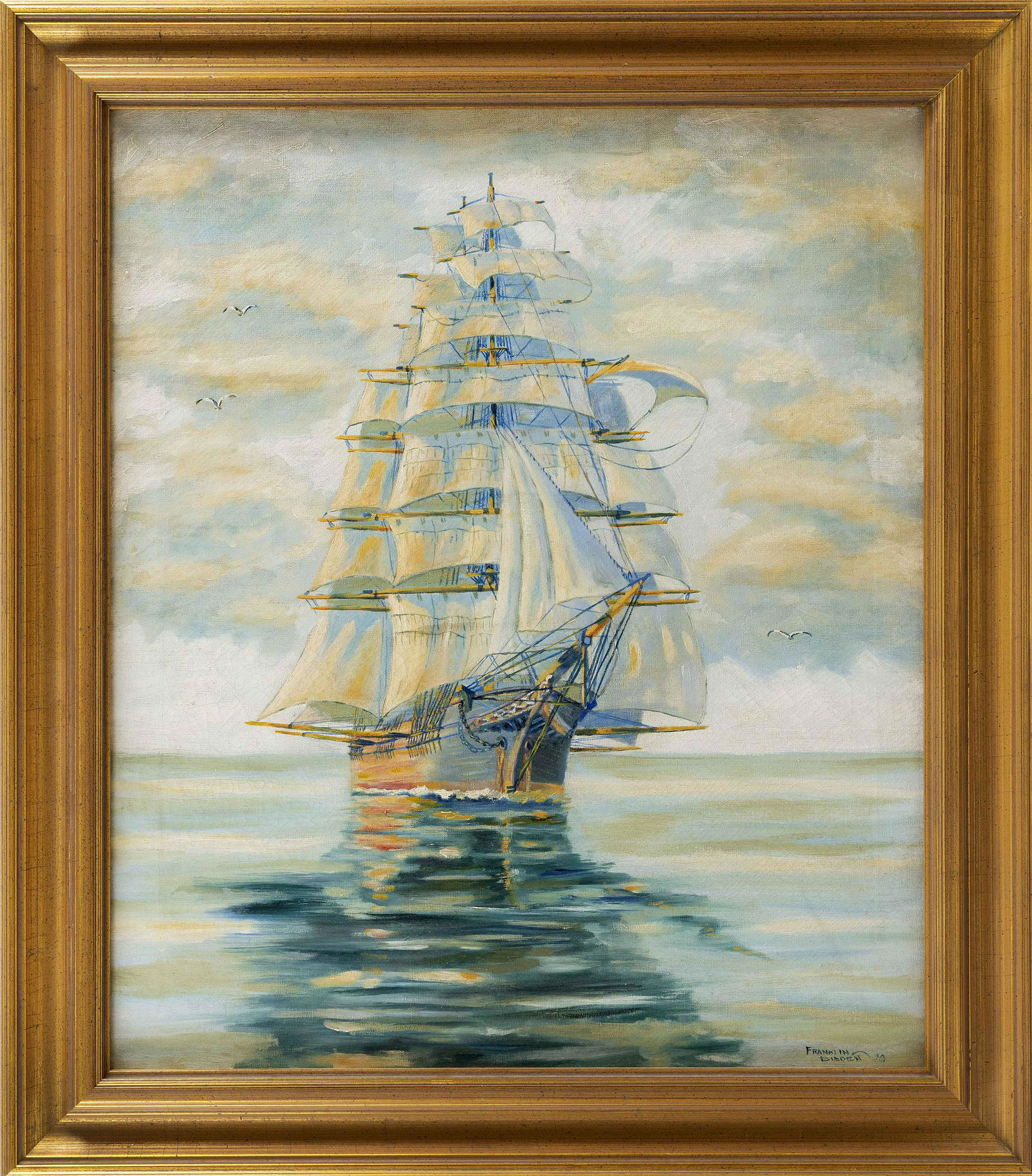 FRANKLIN EPLER BIDDEN (Rhode Island, 1906-1961),: FRANKLIN EPLER BIDDENRhode Island, 1906-1961Full-rigged ship at sea. Signed and dated lower right "Franklin Bidden '28".Oil on canvas, 30" x 25". Framed 37" x 32".