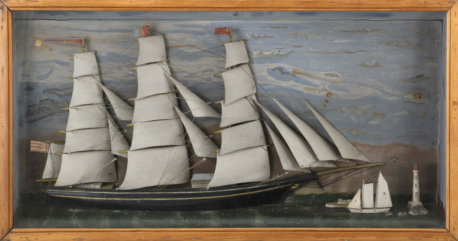 SHADOW BOX MODEL OF THE THREE-MASTED SHIP "MAGGIE" Late (1 of 2)
