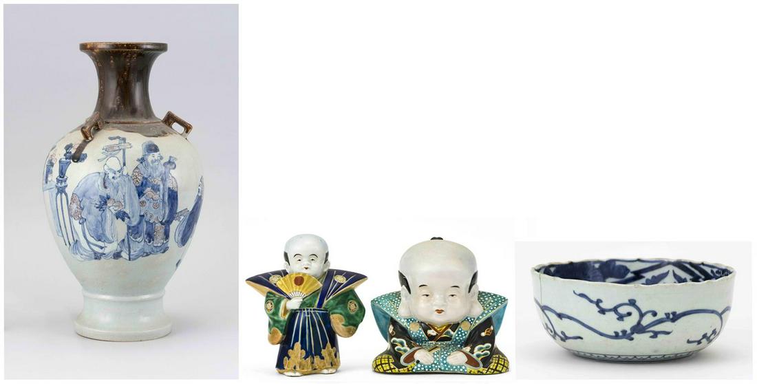 FOUR PIECES OF JAPANESE PORCELAIN: FOUR PIECES OF JAPANESE PORCELAIN 1) Circa 1890 underglaze red and blue baluster-form vase with three rectangular handles at the shoulder and decoration of three sages. Height 14.75". 2-3) Two Ea