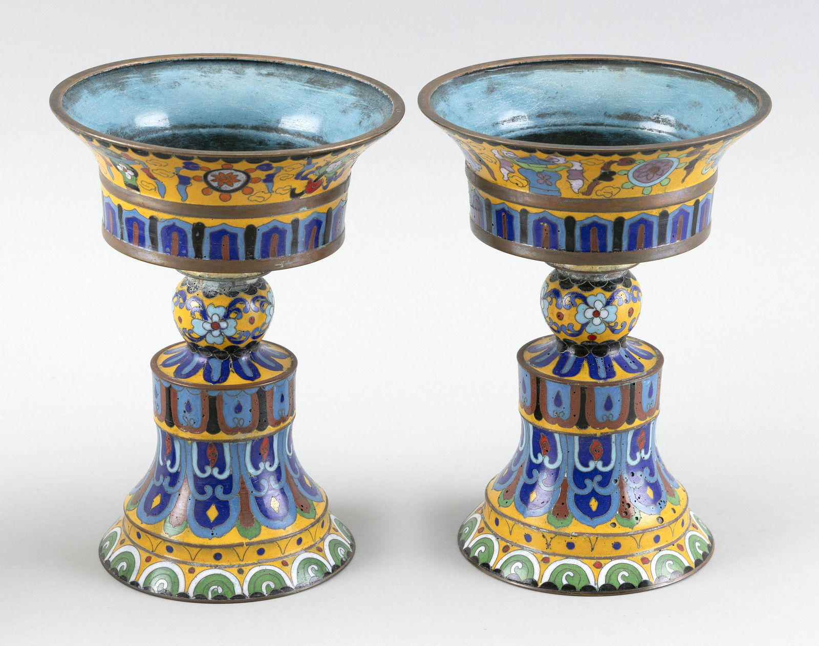 PAIR OF CHINESE FAMILLE JAUNE CLOISONNÉ ENAMEL STEMMED (1 of 2)