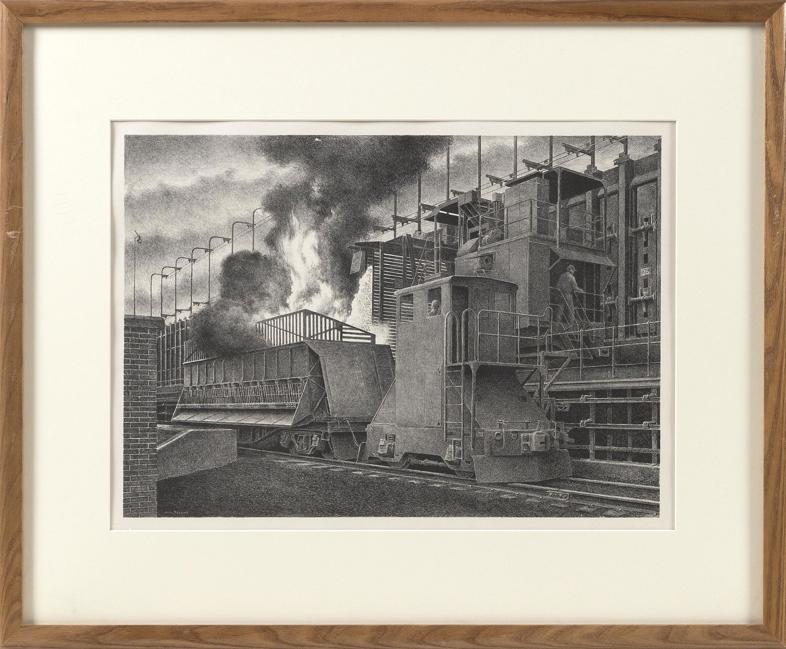 JACKSON LEE NESBITT (Missouri/Oklahoma, 1913-2008),: JACKSON LEE NESBITTMissouri/Oklahoma, 1913-2008Â“Pushing Coke - Sheffield Steel MillÂ”. Signed in plate block Â“Jack NesbittÂ”.Lithograph, 11.25Â” x 15.5Â” to the plate line. Framed