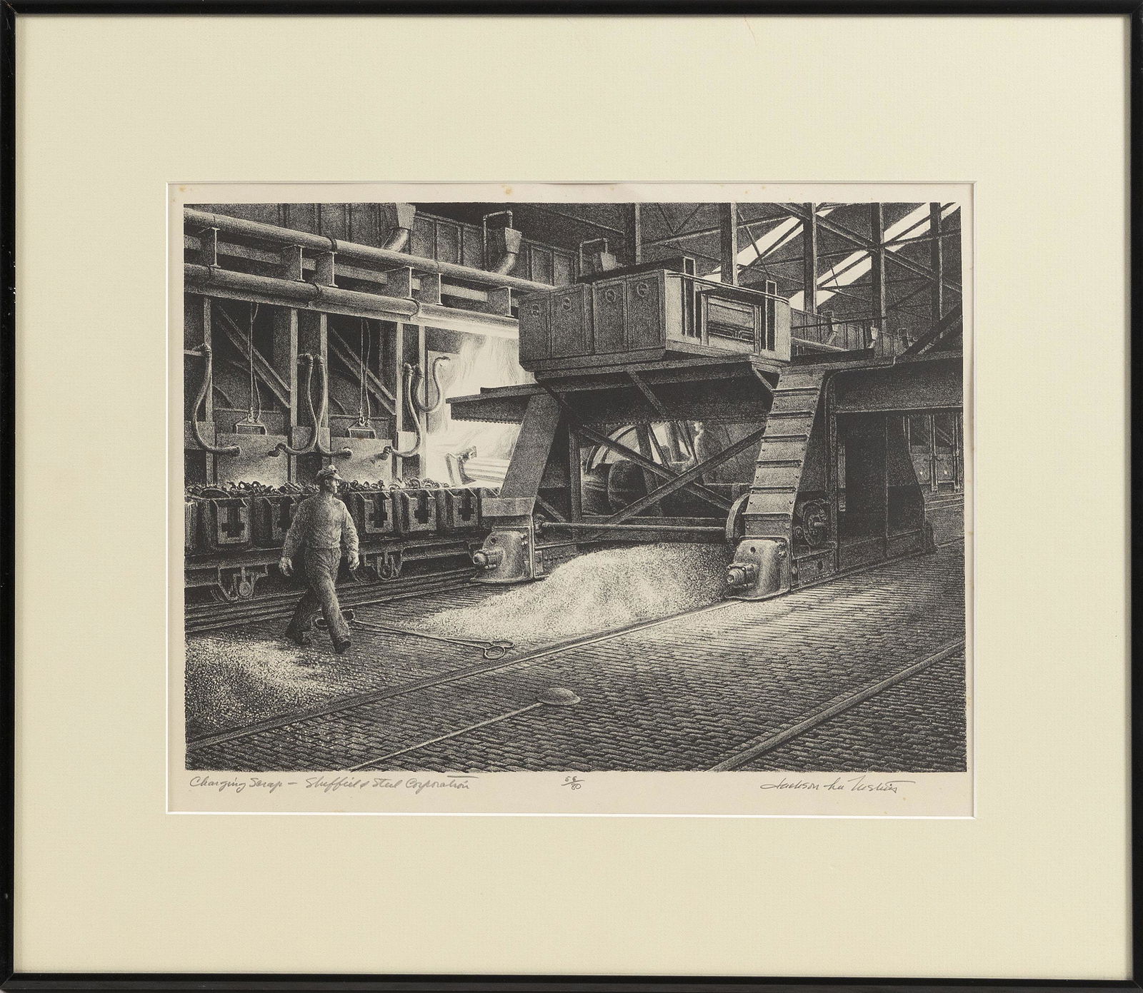 JACKSON LEE NESBITT (Missouri/Oklahoma, 1913-2008),: JACKSON LEE NESBITTMissouri/Oklahoma, 1913-2008Â“Charging Scrap - Sheffield Steel CorporationÂ”. Depicts a charging machine feeding the fire of an open furnace. Signed in pencil lower right. Tit