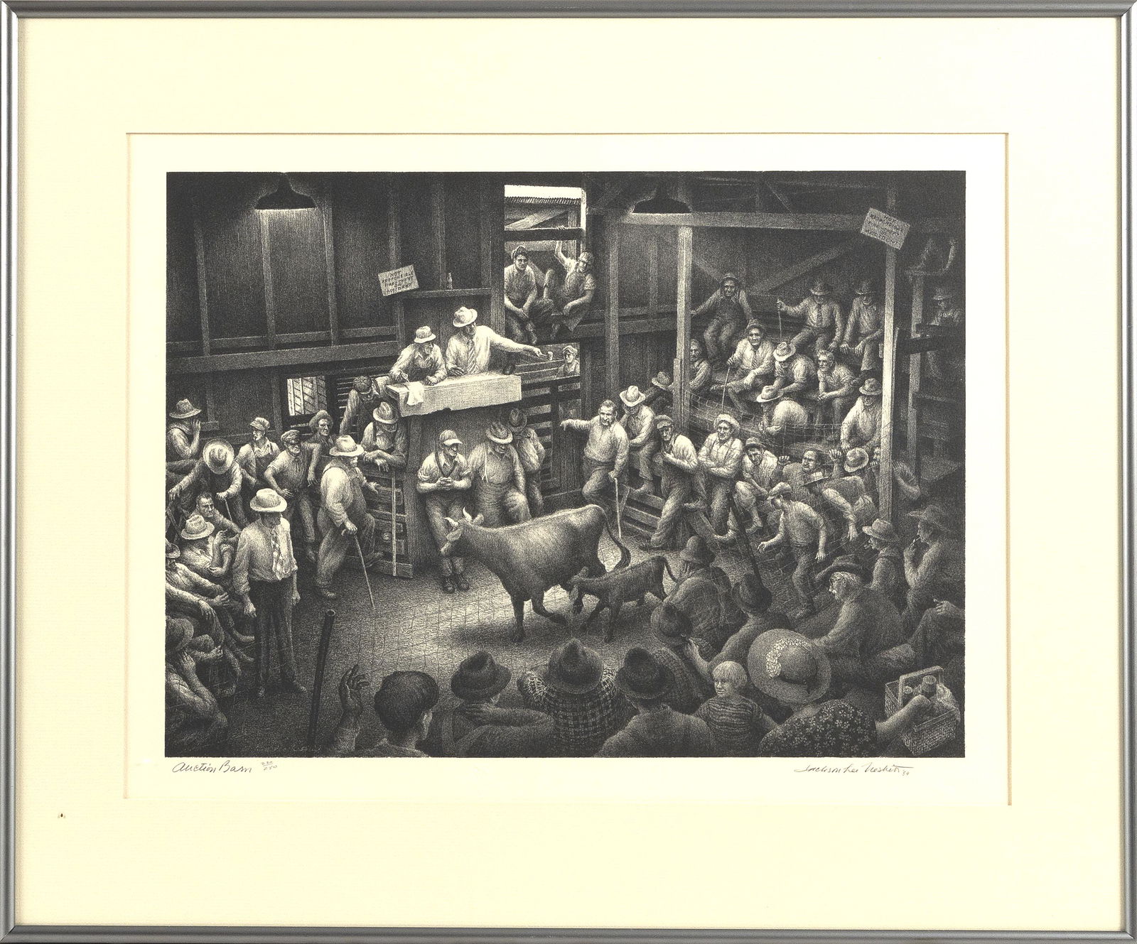 JACKSON LEE NESBITT (Missouri/Oklahoma, 1913-2008),: JACKSON LEE NESBITTMissouri/Oklahoma, 1913-2008Â“Auction BarnÂ”. Signed in pencil and dated "Â‘89" lower right. Titled and numbered 220/250 lower left.Lithograph, 12.5Â” x 17Â” to the p