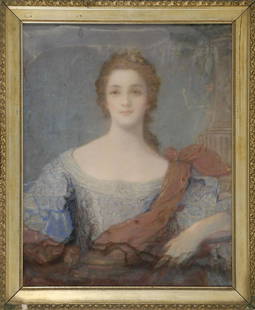 PORTRAIT OF A WOMAN Pastel on canvas, 30" x 25". Framed: PORTRAIT OF A WOMANWearing a blue ruffled dress and a red sash. Unsigned. Stamp verso for F.W. Devoe & Co., New York. Stretcher with Aaron Draper Shattuck keys.Pastel on canvas, 30" x 25". Framed 34.5