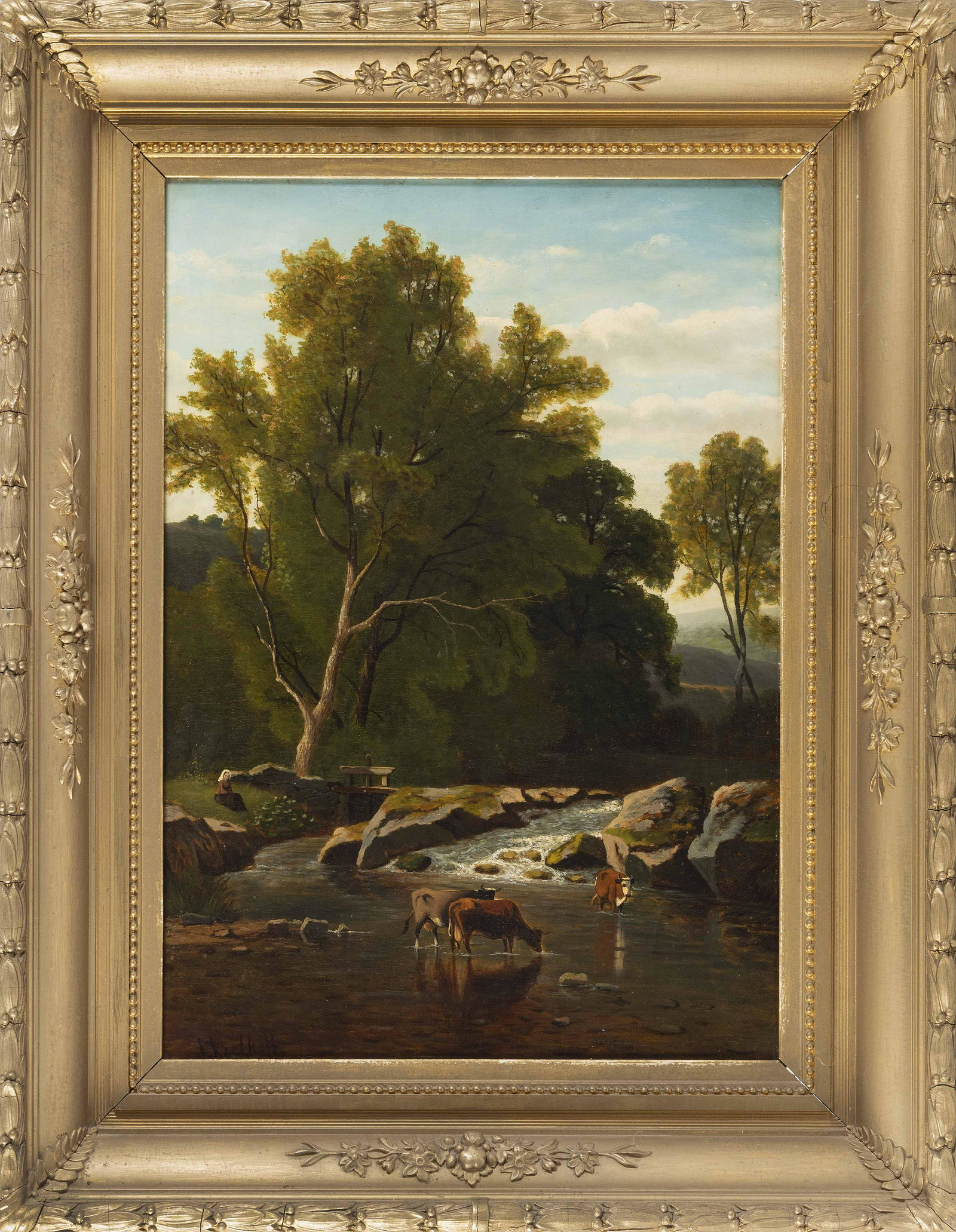 FRANS KEELHOFF Belgium, 1820-1891 Pastoral: FRANS KEELHOFF Belgium, 1820-1891 Pastoral landscape with cattle at a stream. Signed lower left “F. Keelhoff”. Oil on canvas, 28” x 20”. Framed 38” x 30”. Oil on canvas, 28” x 20”. Fra