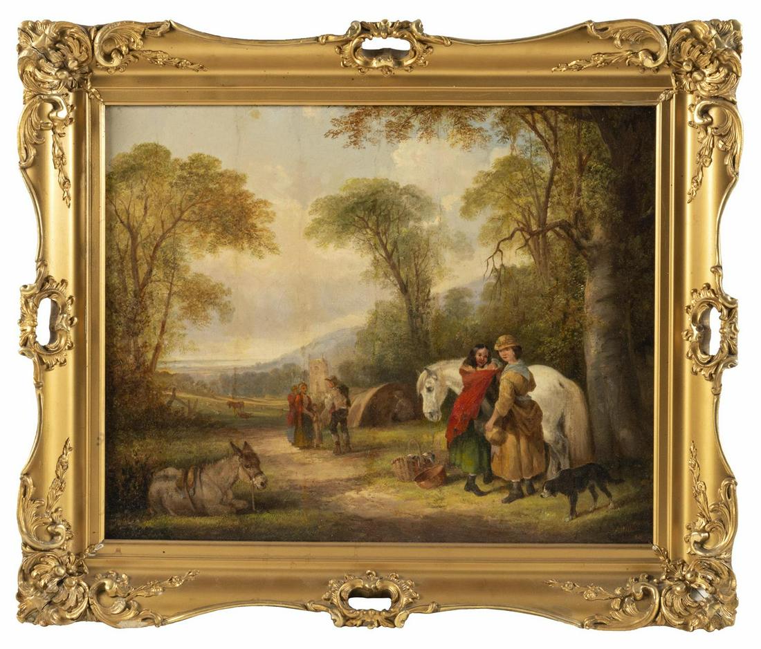 EDMUND AYLBURTON WILLIS New York, 1808-1899 Genre: EDMUND AYLBURTON WILLIS New York, 1808-1899 Genre scene with two young women standing by a white horse. Signed lower right "A.V. [sic] Willis". Oil on canvas, 16" x 20". Framed 21&