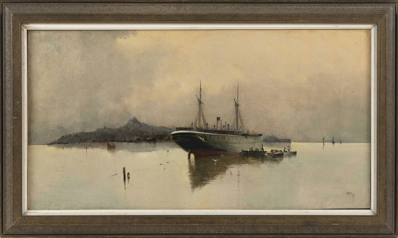 EMILE AVON Late 19th Century The ship Maria of: EMILE AVONLate 19th CenturyThe ship Maria of Barcelona at a mooring. Signed lower right "Avon".Oil on canvas, 16" x 30". Framed 20.5" x 34.5". Oil on canvas, 16" x 3