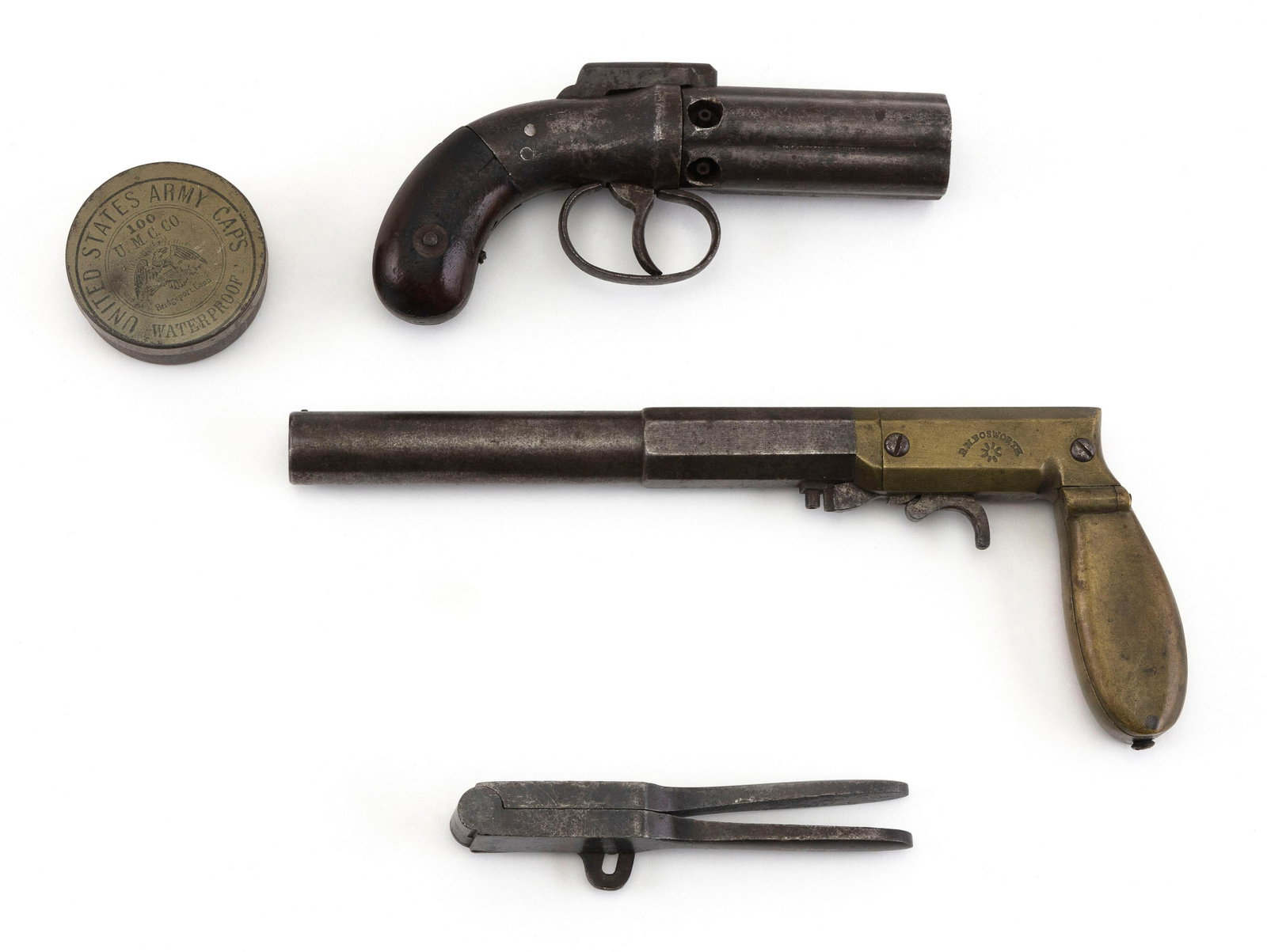 THREE PISTOLS, A BULLET MOLD AND A TIN BOX OF SNAP: THREE PISTOLS, A BULLET MOLD AND A TIN BOX OF SNAP CAPS 19th Century Pistols include a pepperbox marked "Allen & Wheelock", length 6", a Bosworth under-hammer single shot pistol, length 9", and a baby