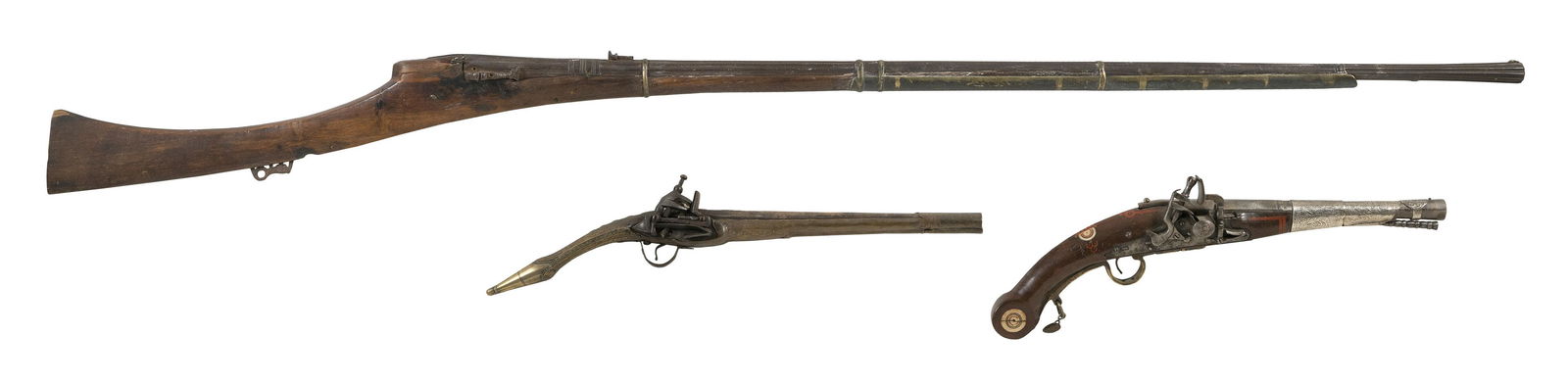 THREE MIDDLE EASTERN GUNS 19th Century Two: THREE MIDDLE EASTERN GUNS19th CenturyTwo flintlock pistols, lengths 19.5" and 20", and a long gun, length 66".