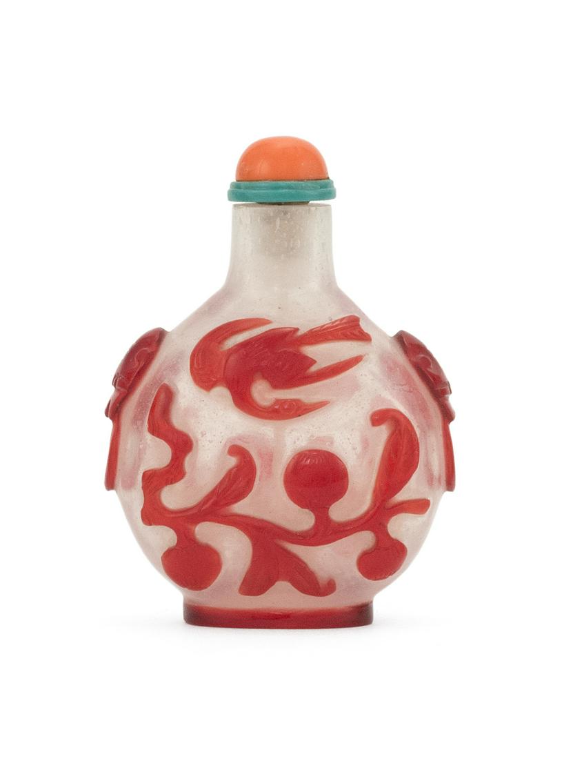 CHINESE OVERLAY GLASS SNUFF BOTTLE  In ovoid form. Red (1 of 6)