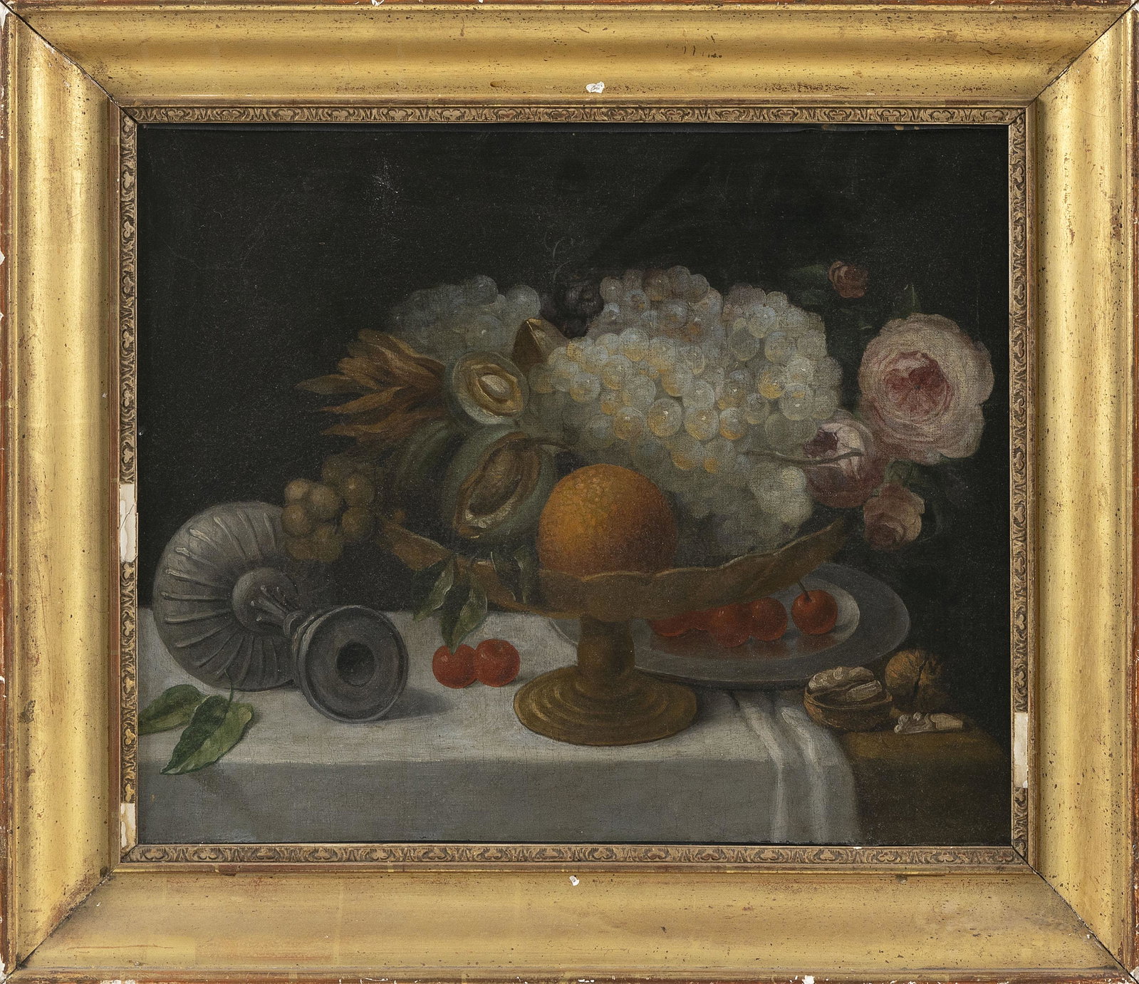 CONTINENTAL SCHOOL 19th Century Still life of fruit,: CONTINENTAL SCHOOL 19th Century Still life of fruit, flowers and compotes. Unsigned. Oil on canvas, 14" x 19". Framed 19" x 24".