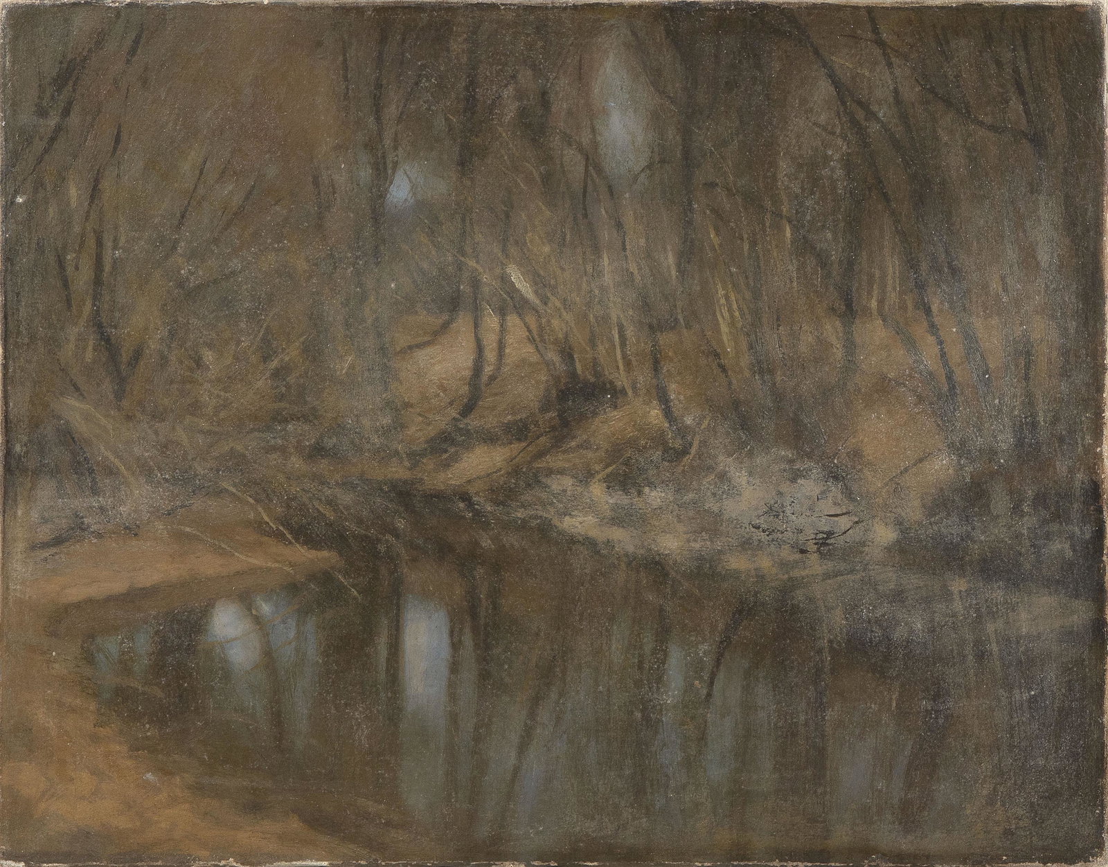 MARCUS WATERMAN Massachusetts/Rhode Island 1834-1914: MARCUS WATERMAN Massachusetts/Rhode Island 1834-1914 "Brookside, New England". Unsigned. "Brookside, New England M. Waterman" on old label verso. Oil on canvas, 16" x 20.25". Unframed. Provenance: Vos
