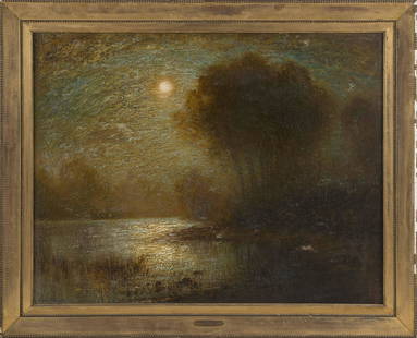 GEORGE HENRY BOGERT New York 1864-1944 "Evening: GEORGE HENRY BOGERT New York 1864-1944 "Evening Solitude". Signed faintly lower left "Geo. H. Bogert". Titled on frame plaque. Oil on canvas 28” X 36.” Framed 33.5” x 41.5”.