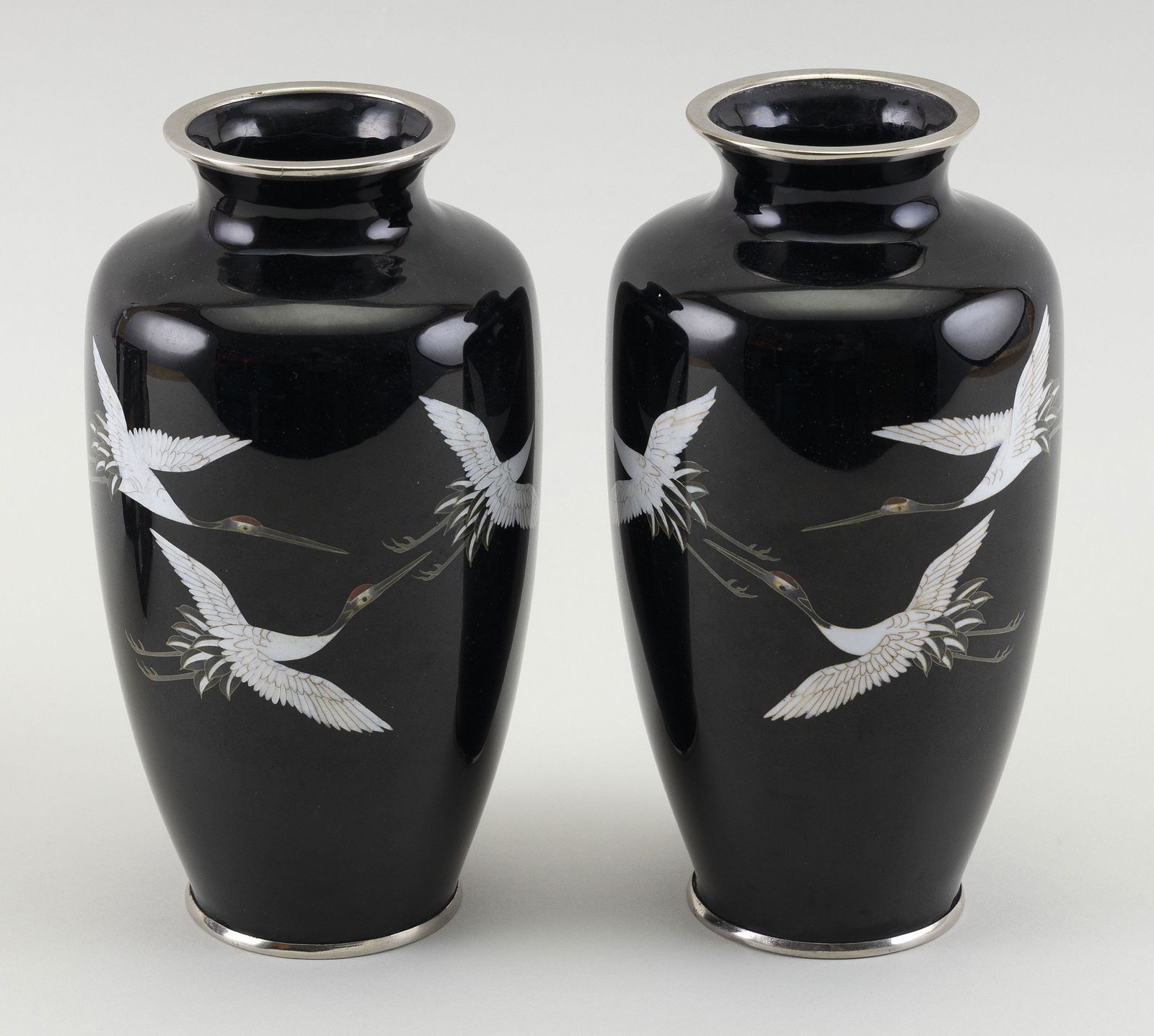 PAIR OF JAPANESE SILVER WIRE CLOISONNE VASES Mid-20th (1 of 2)