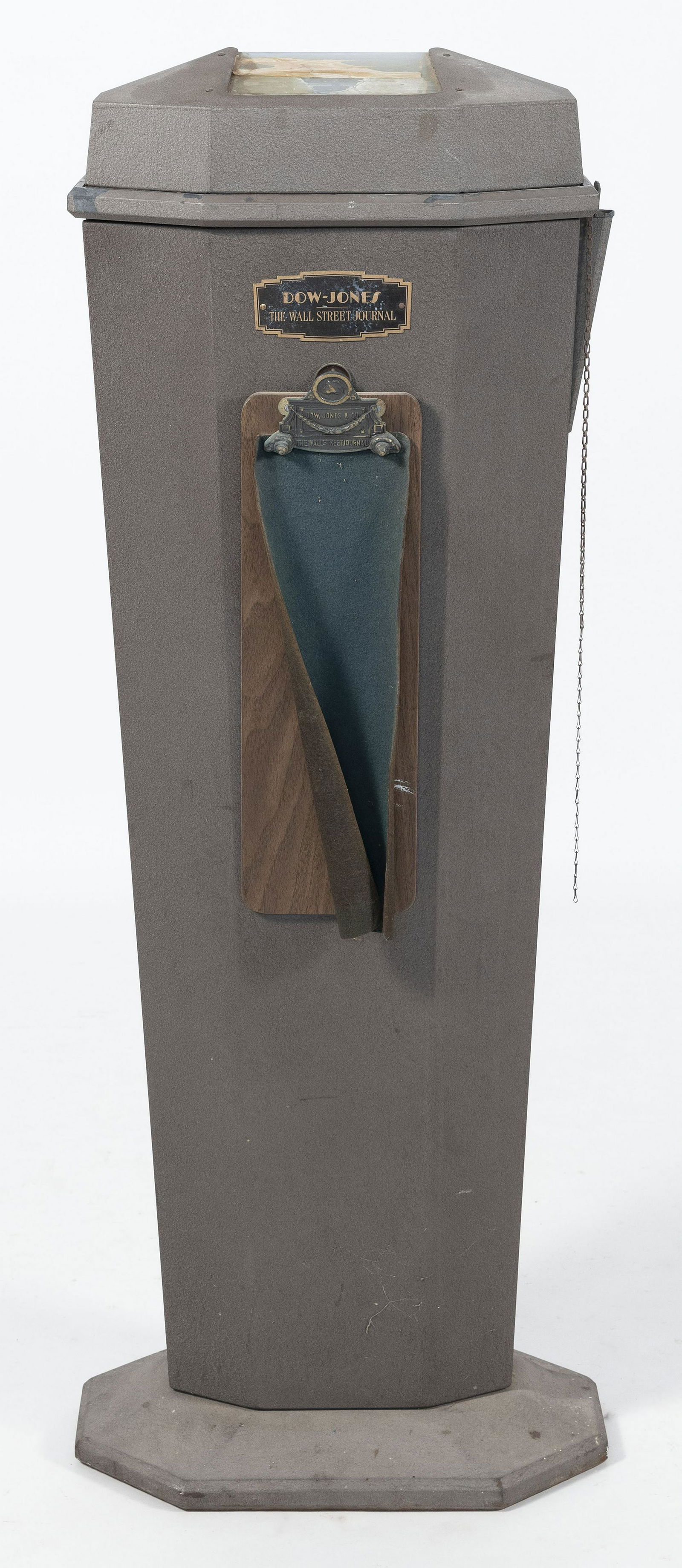 DOW JONES WALL STREET JOURNAL TICKER TAPE MACHINE: DOW JONES WALL STREET JOURNAL TICKER TAPE MACHINE Mid-20th Century Numbered 2980. Includes clipboard. Height 49".