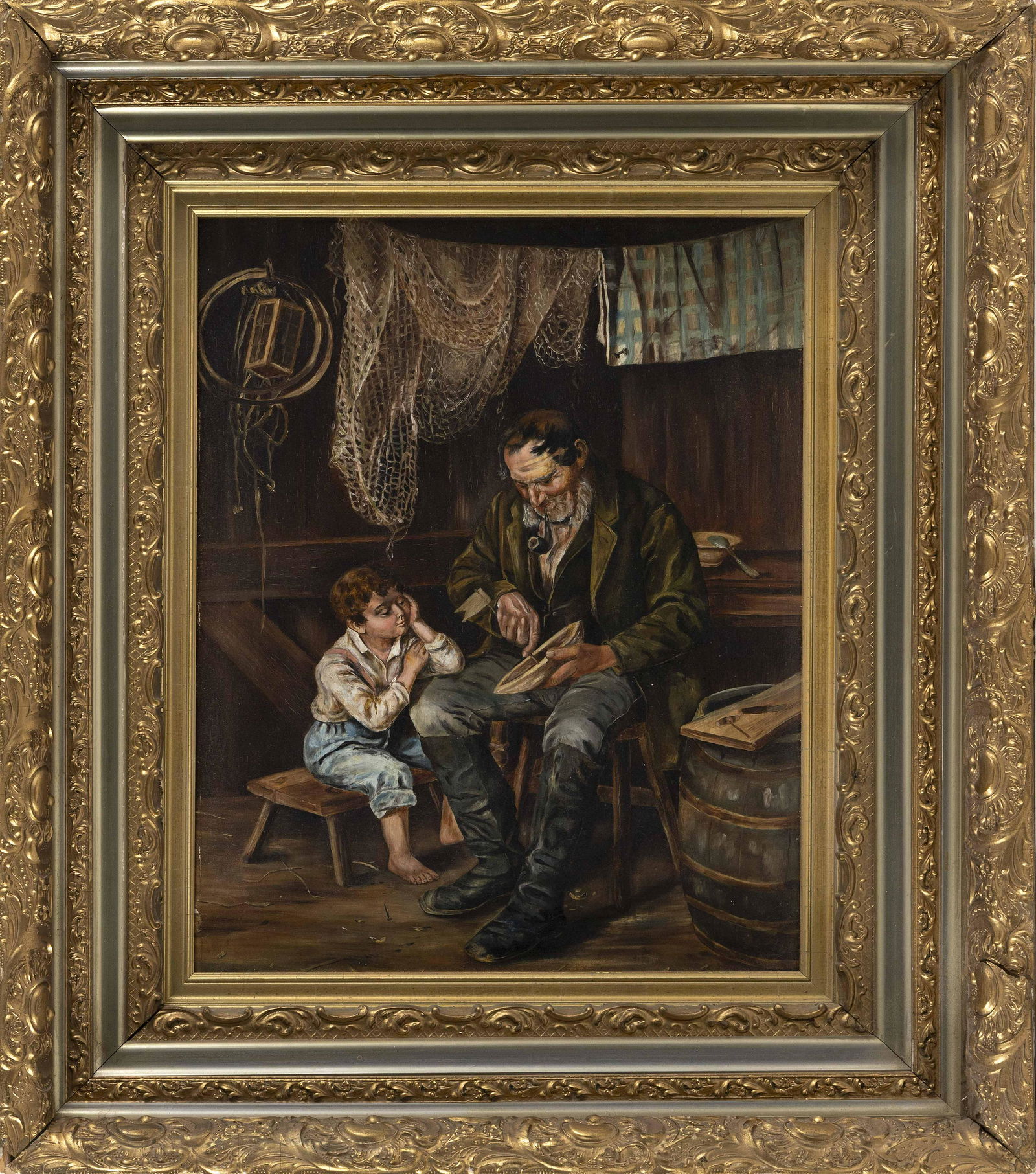 AMERICAN SCHOOL Late 19th/Early 20th Century Interior: AMERICAN SCHOOL Late 19th/Early 20th Century Interior scene with a boy watching an older man. Unsigned. Oil on board, 18" x 14". Framed 27" x 23".
