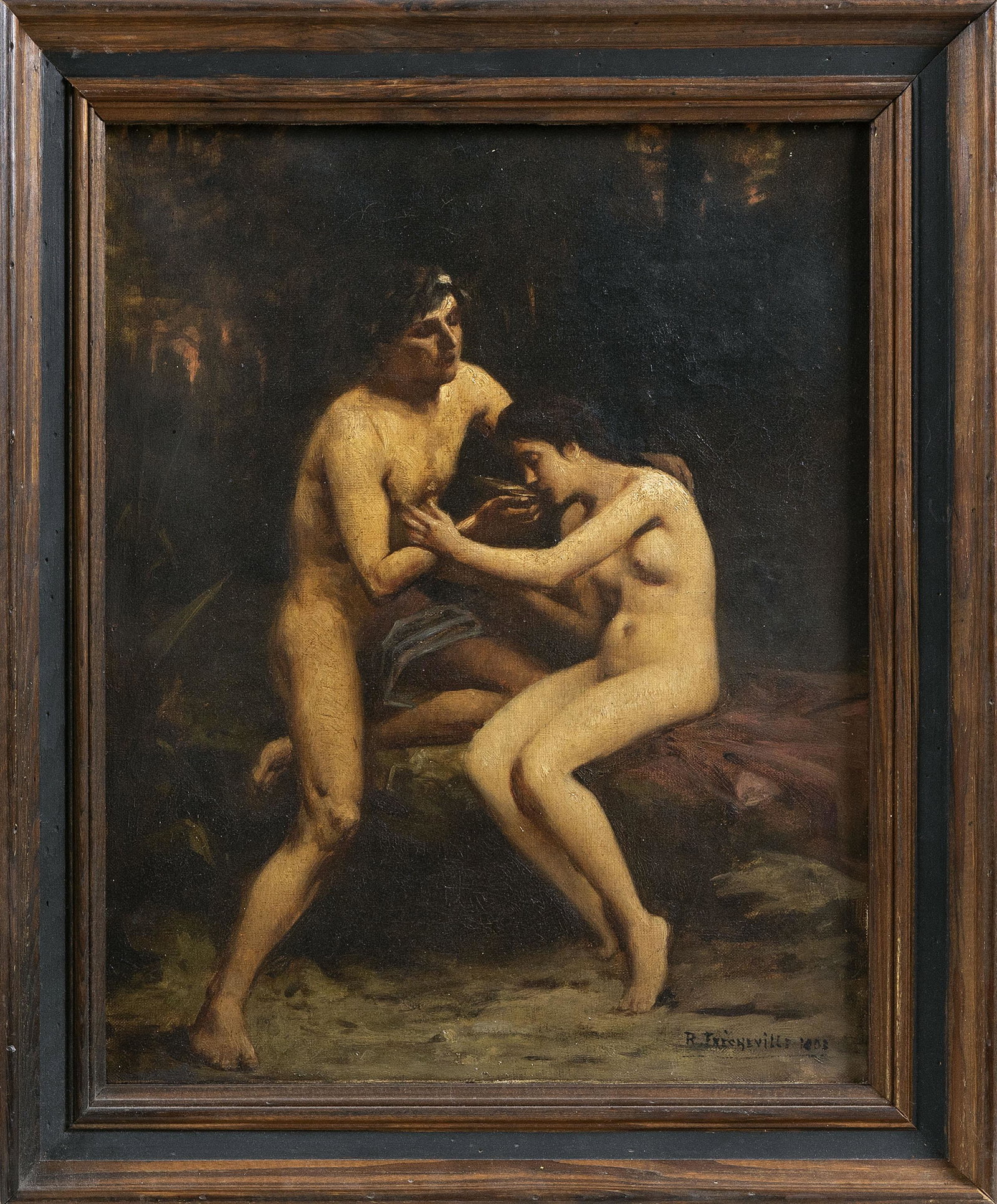 CONTINENTAL SCHOOL Early 20th Century Two nude lovers.: CONTINENTAL SCHOOL Early 20th Century Two nude lovers. Signed and dated lower right “R. Fricheville 1903”. Oil on canvas, 18” x 15”. Framed 22” x 19”.